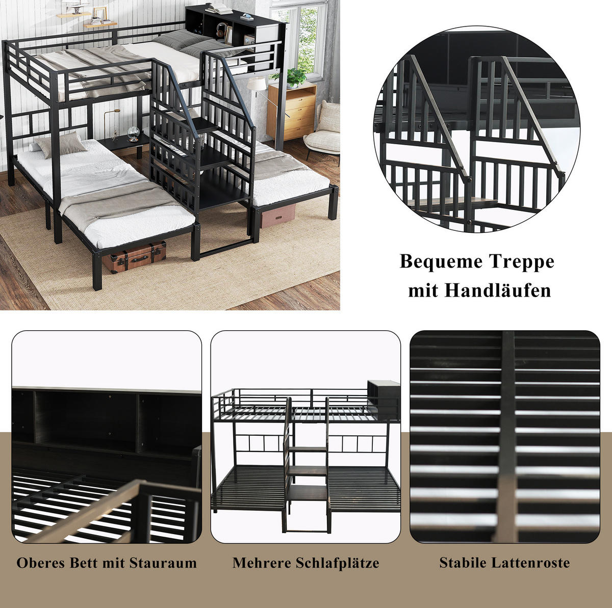 ETAGENBETT 90/200 & 140/200 cm mit Treppe, Handläufen und Stauraum, Schwarz - Schwarz, Metall (90/200cm) - Redom