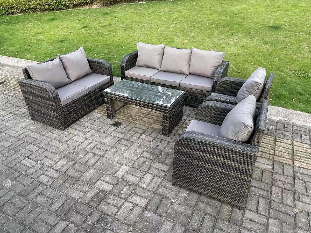 LOUNGESOFA Polyrattan 7-Sitzer - Dunkelgrau/Grau, Glas/Kunststoff - Fimous