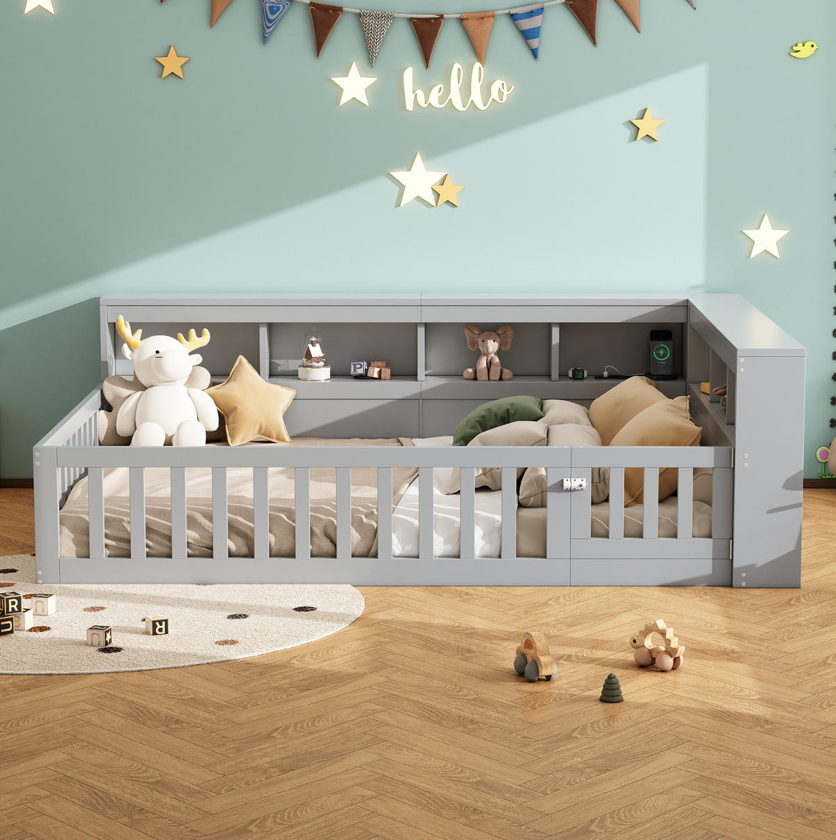 KINDERBETT Tagesbett 140/200 cm aus Holzwerkstoff mit USB-Anschluss und Stauraum Grau - Grau, Holzwerkstoff (140/200cm) - Modenvie