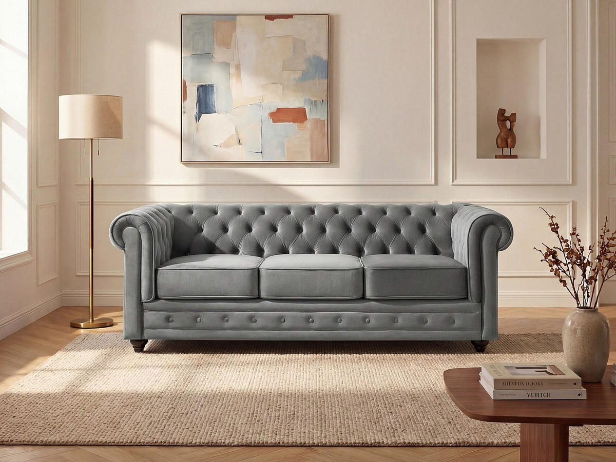 SOFA 3-Sitzer - Samt - Hellgrau - CHESTERFIELD - Hellgrau, Textil (205/72/88cm) - Vente-Unique