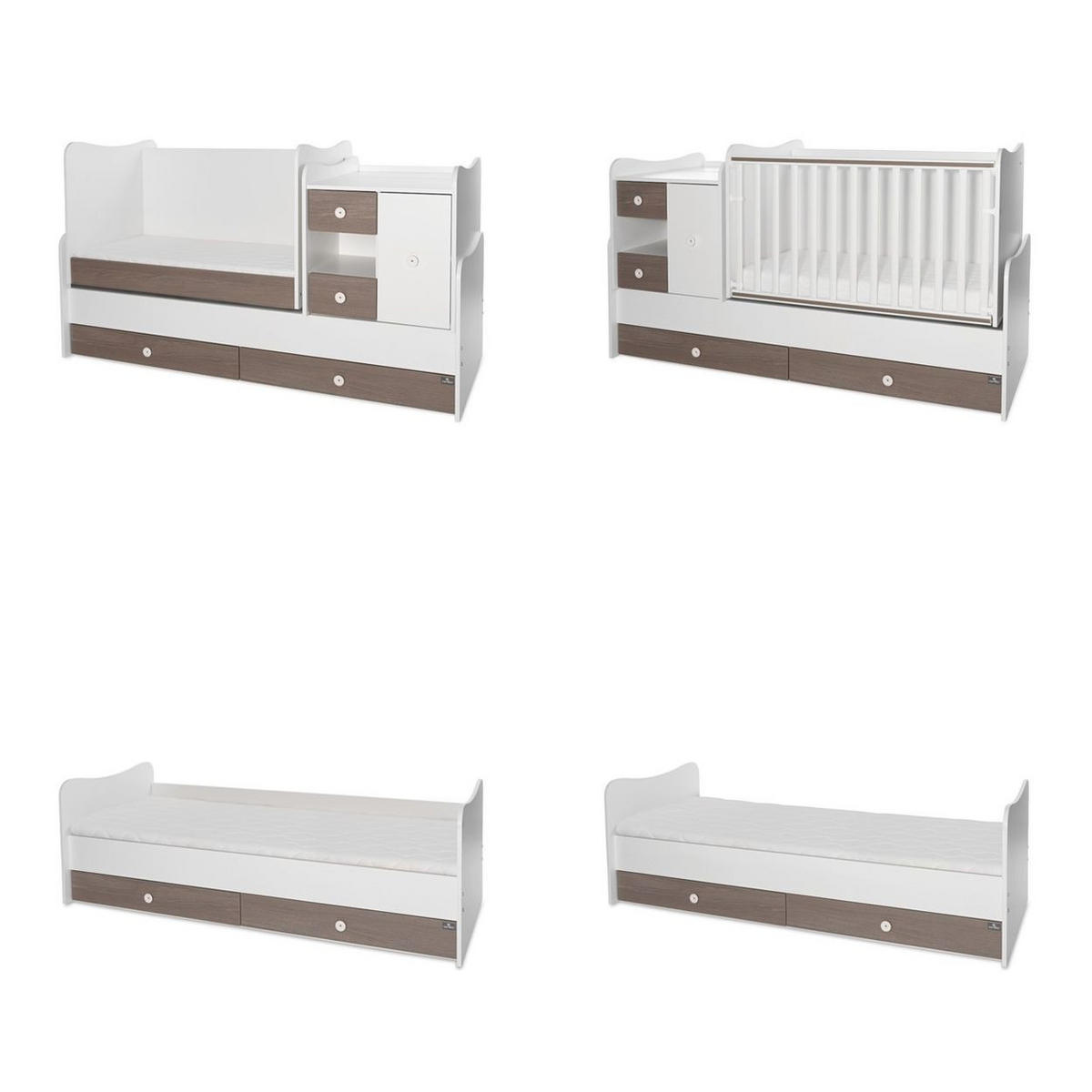 BABYBETT Mini Max 3 in 1 braun weiß 120 x 60 cm, Jugendbett 190 x 72 cm, Wickelkommode, Schaukelfunktion - Braun, Holzwerkstoff (72/190cm) - Lorelli