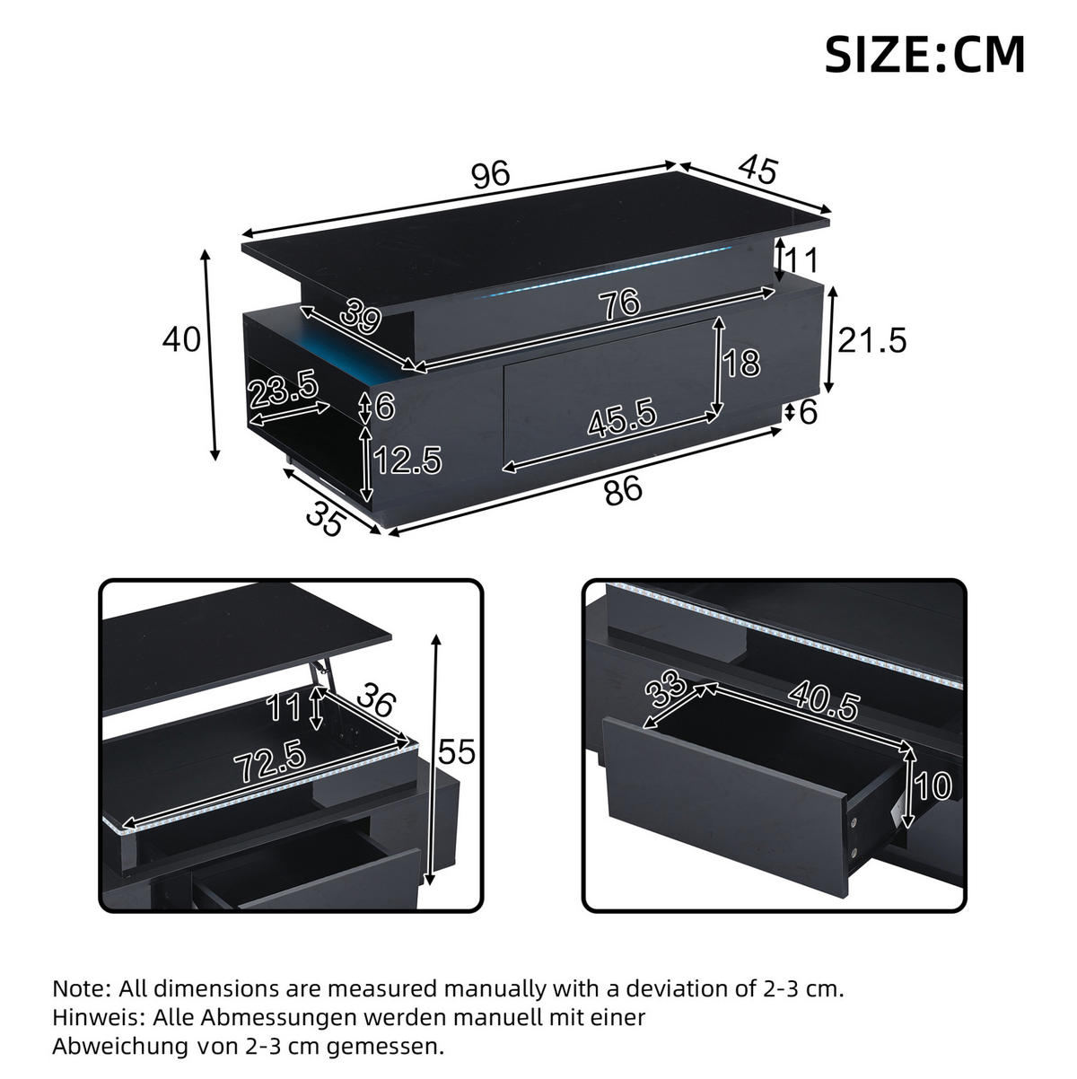 COUCHTISCH, höhenverstellbar, Hochglanz-Spanplatte mit LED & verstecktem Stauraum, 96/45/40 cm, Schwarz - Schwarz, Holzwerkstoff (96/45/40cm) - Redom