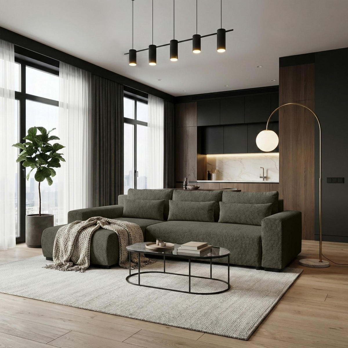 ECKSCHLAFSOFA Benny olivgrün links - Schwarz/Olivgrün, Kunststoff/Textil (271/185cm) - Beautysofa