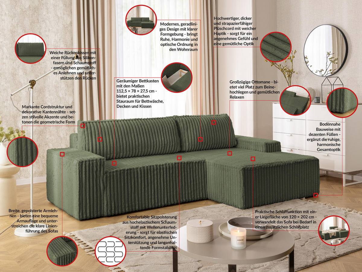 ECKSOFA Rivio mit Schlaffunktion und Bettkasten, Plüschcord Grün - Schwarz/Grün, Holz/Kunststoff (262/149cm) - S-Style