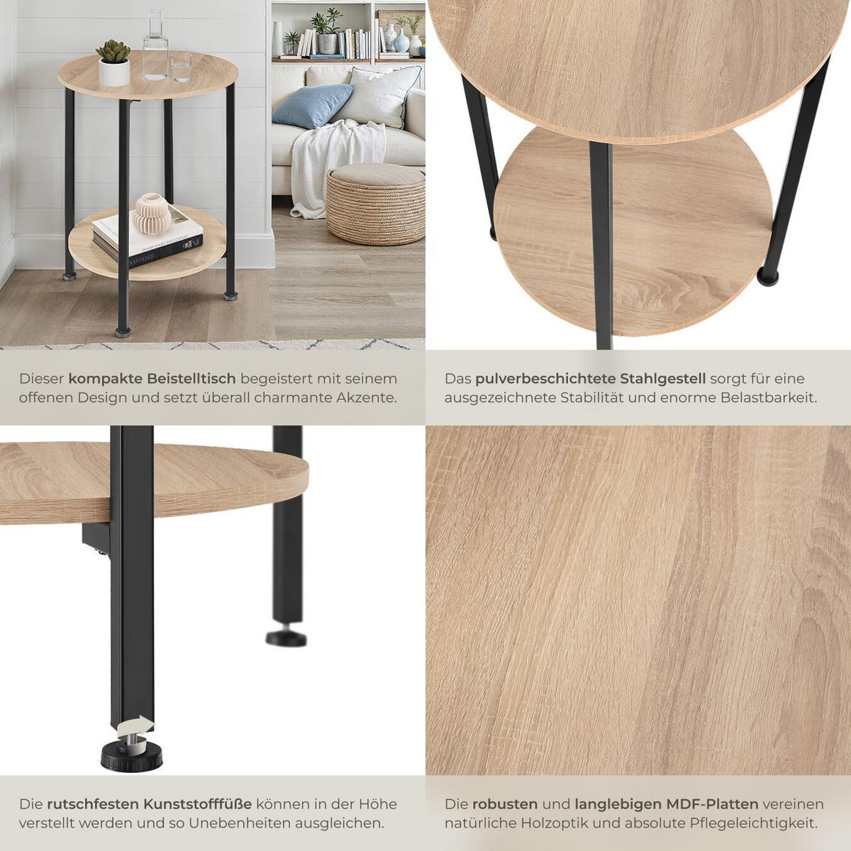 BEISTELLTISCH Ballina,45 x 64 cm,Industrial Holz hell, Eiche Sonoma - Naturfarben, Holz (45/45/64cm) - tectake
