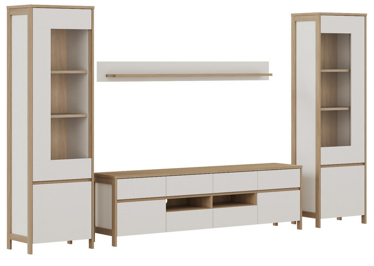 WOHNWAND weiß, Eiche 4-teilig 339 cm, Wohnkombination skandinavisch mit Soft-Close, Finnes - Eichefarben/Weiß, Glas/Holzwerkstoff (339/195/39cm) - Furn.Design