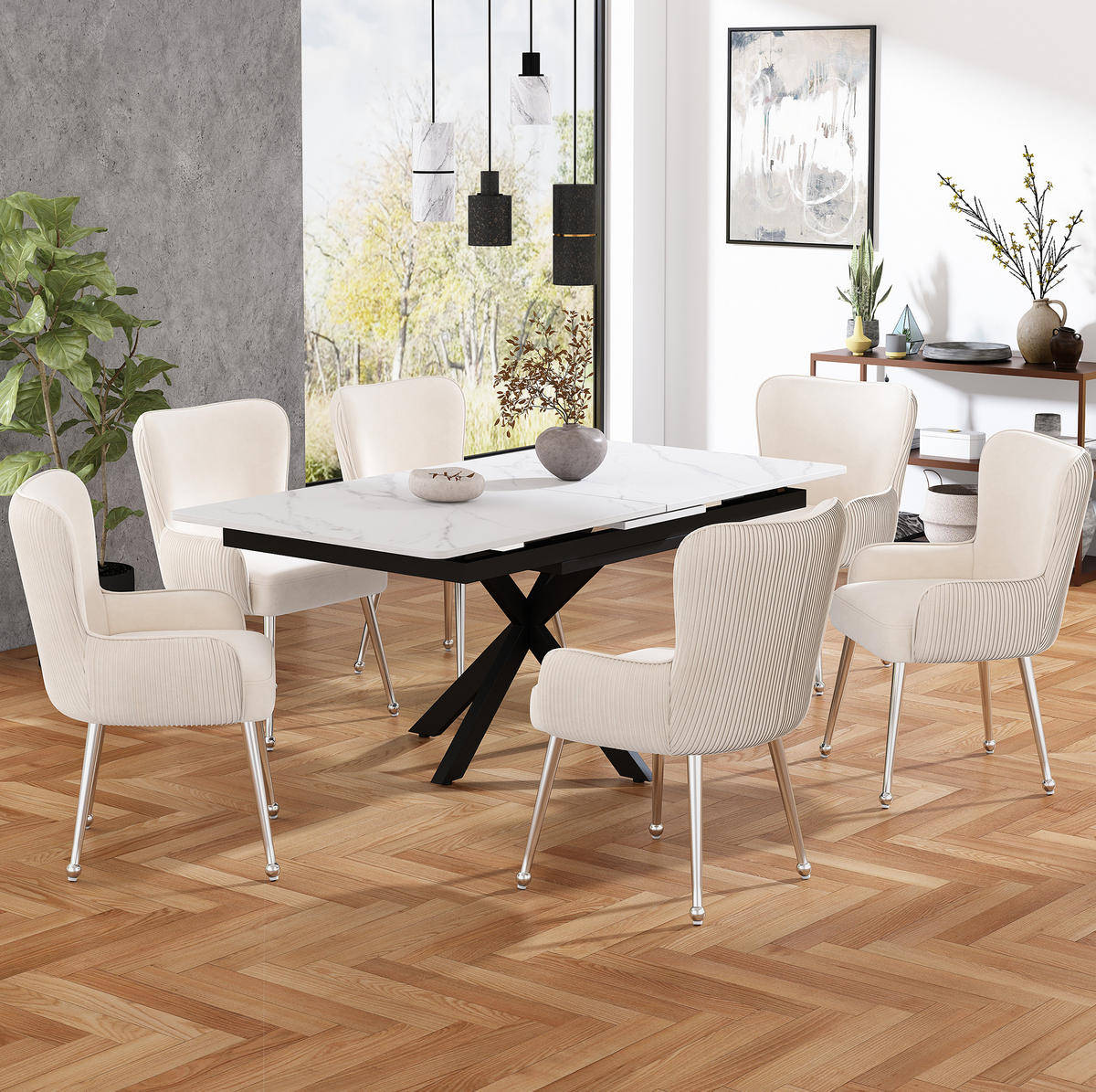 ARMLEHNSTUHL 4er-Set Samt Beige mit Metallbeinen - Beige, Metall (53/83/57.1cm) - Meubliv