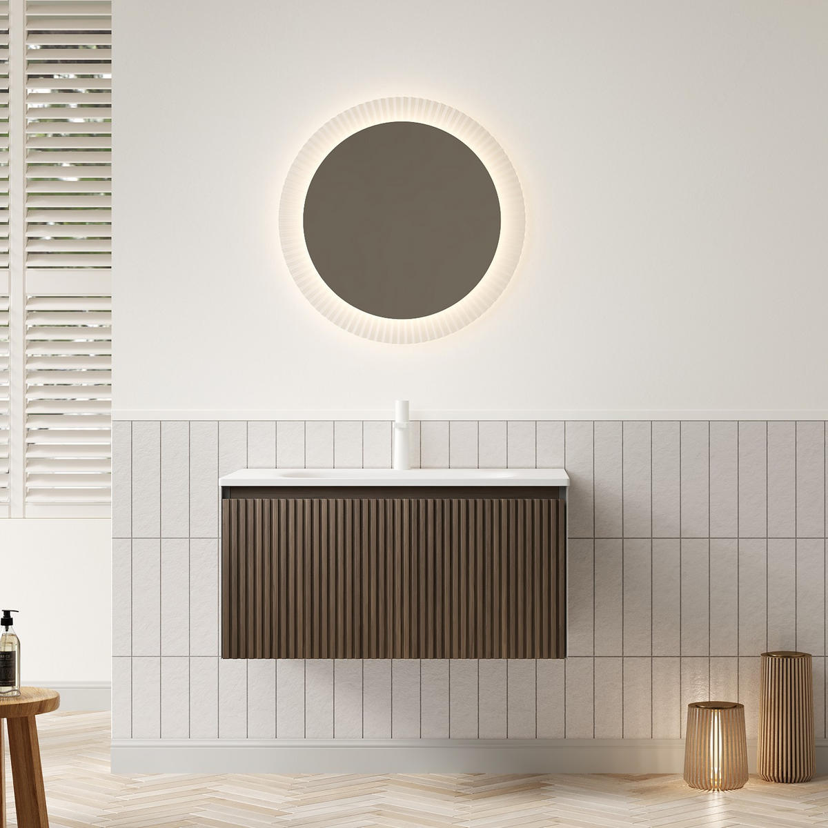 WASCHTISCHKOMBI 80x46x41.8cm Brown Oak/Weiß mit Harzbecken & Schwebe-Design - Braun, Keramik (80/41.8/46cm) - Modfu