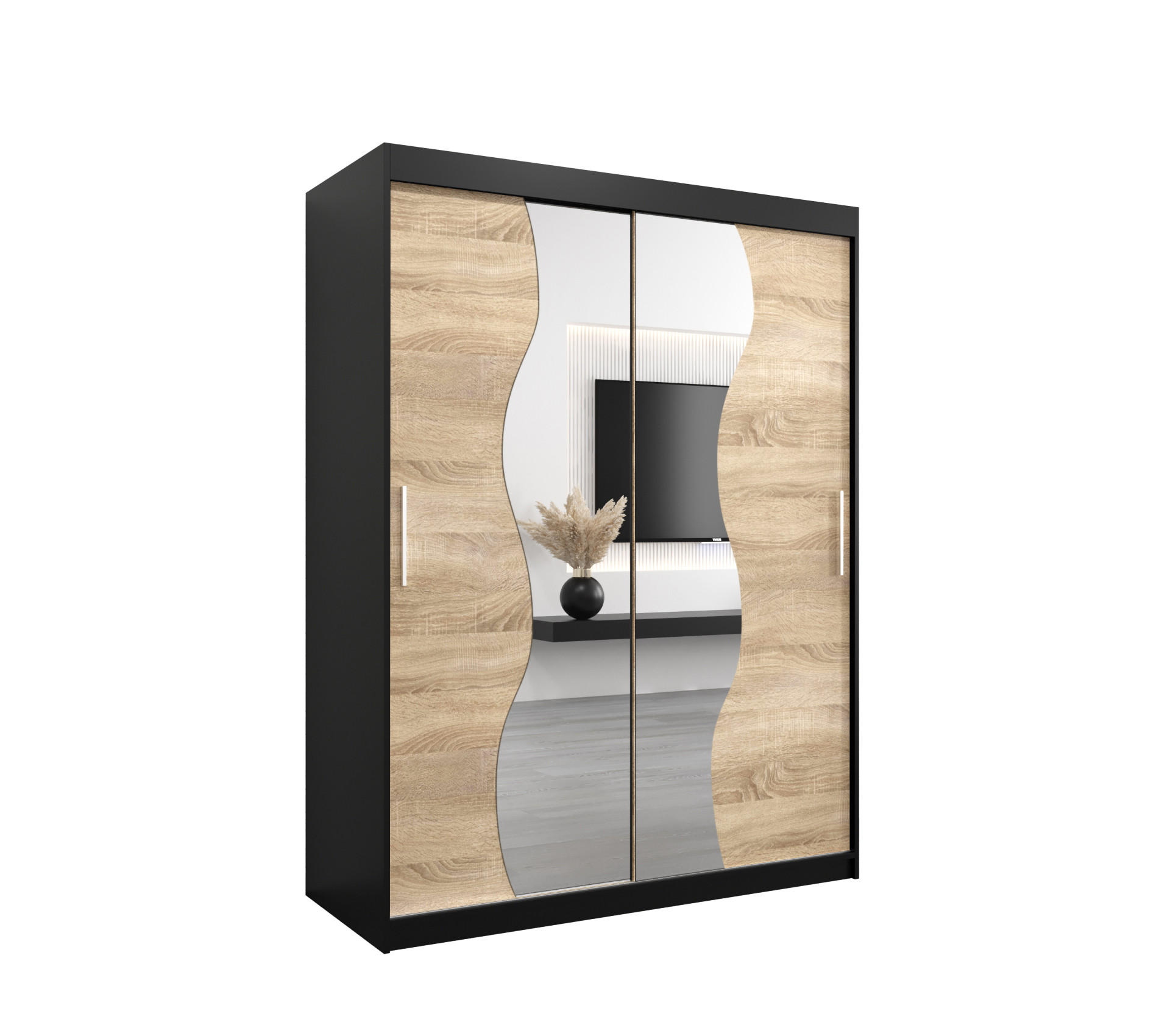 Abiks Möbel Schwebetürenschrank Schwarz, Sonoma Eiche 150x200x62 cm
