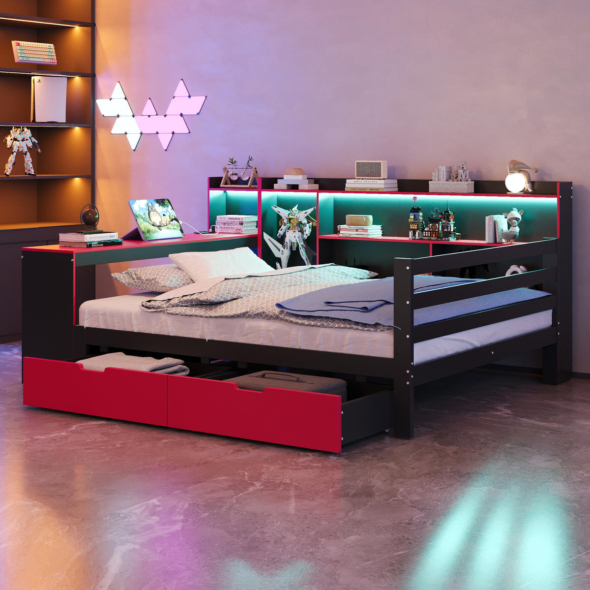 MULTIFUNKČNÁ posteľ 140/200 cm čierna s červenou z dreva s písacím stolom policami zásuvkami LED osvetlením a USB - čierna, kompozitné drevo (140/200cm) - OKWISH