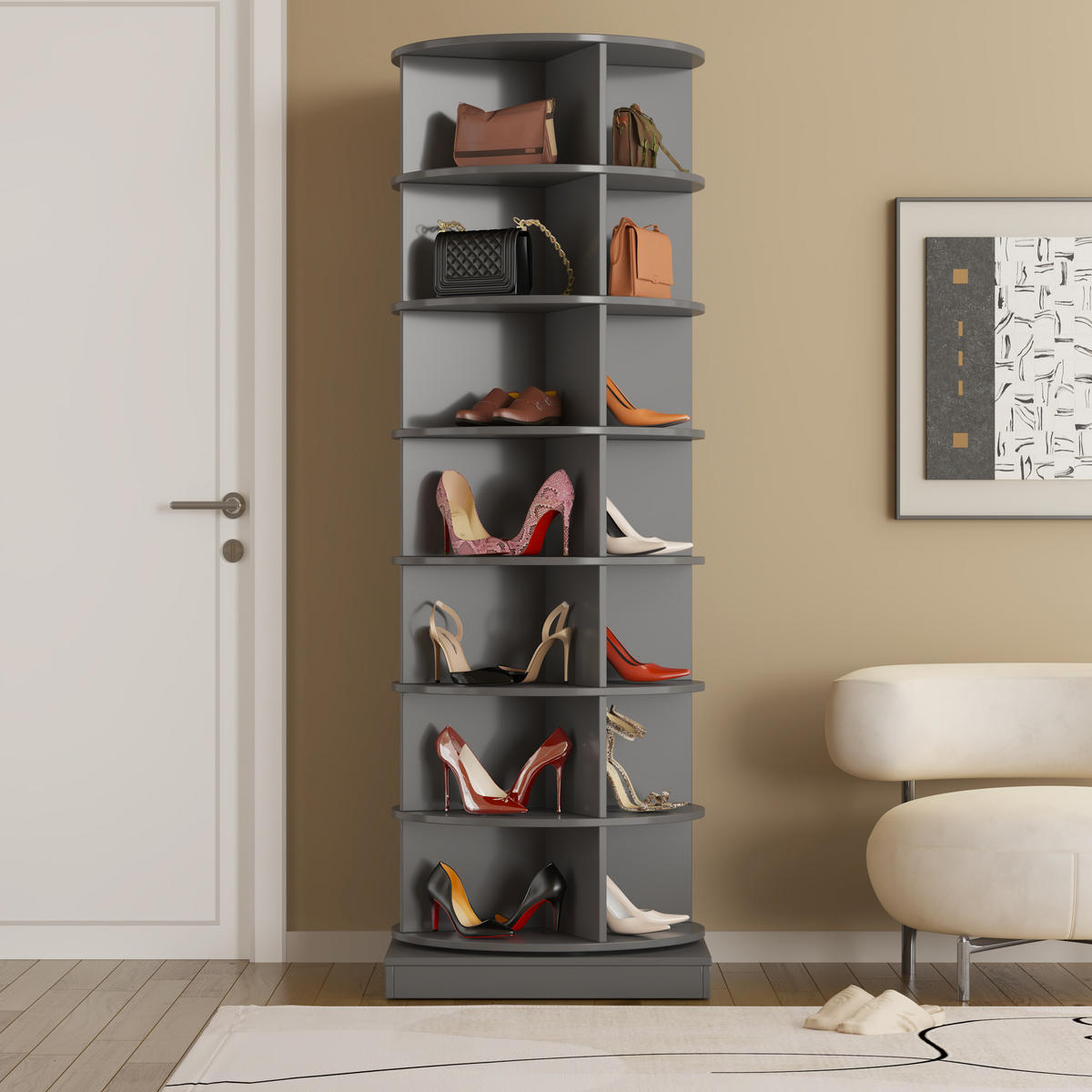 SCHUHSCHRANK aus MDF & Spanplatte in Grau mit 360° Drehfunktion - Grau, Holzwerkstoff (60.96/165/60.96cm) - Modfu