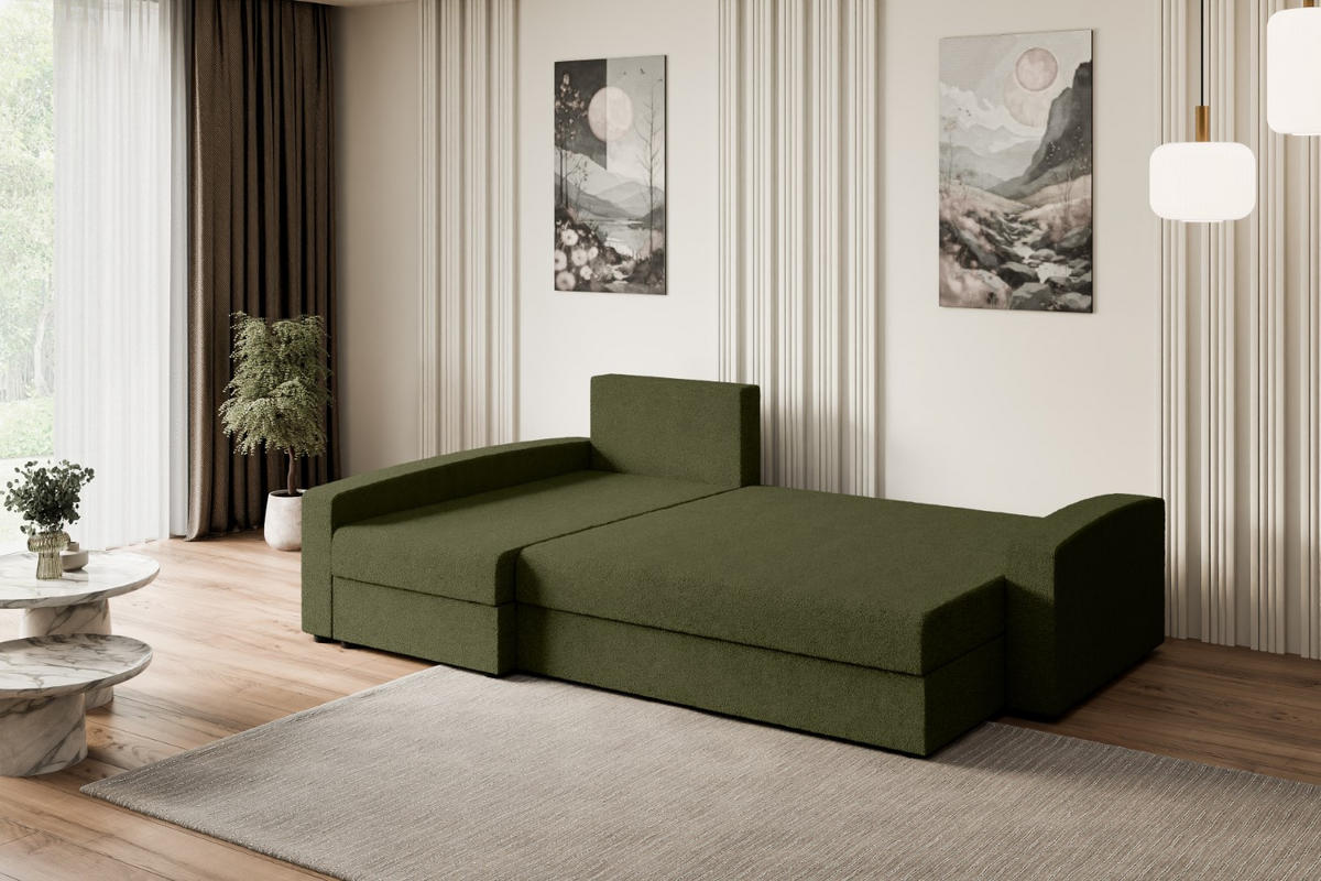 ECKSOFA mit Schlaffunktion und Bettkasten ALESIA-L 231x140x90 cm Grün Bouclé - Silberfarben/Grün, Holzwerkstoff/Kunststoff (231/140cm) - ALTDECOR
