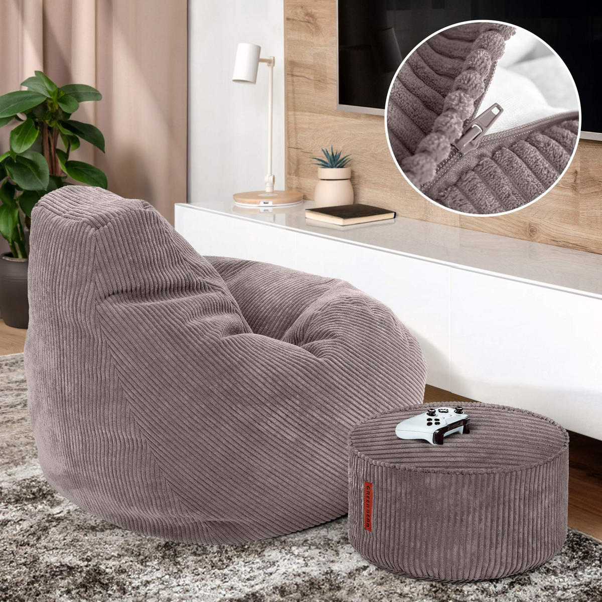 LOUNGE-SITZSACK Cozy + Fußhocker - Hellgrau, Textil (80/90/90cm) - Green Bean