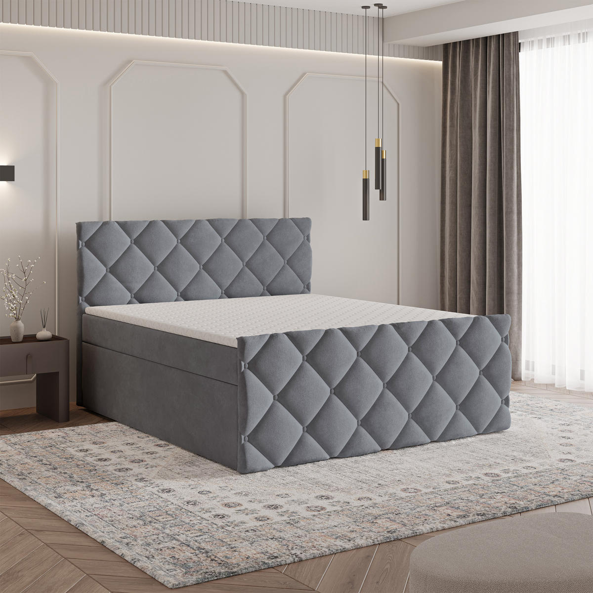 BOXBETT ROVARI 180x200 cm mit Matratze und Topper - Grau - Grau, Holz (180/200cm) - MASSENO