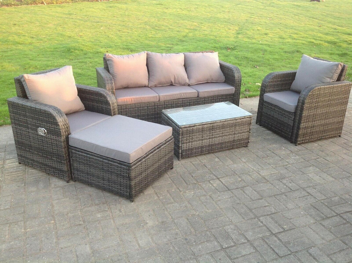 LOUNGESOFA Polyrattan 6-Sitzer - Dunkelgrau/Grau, Glas/Kunststoff - Fimous