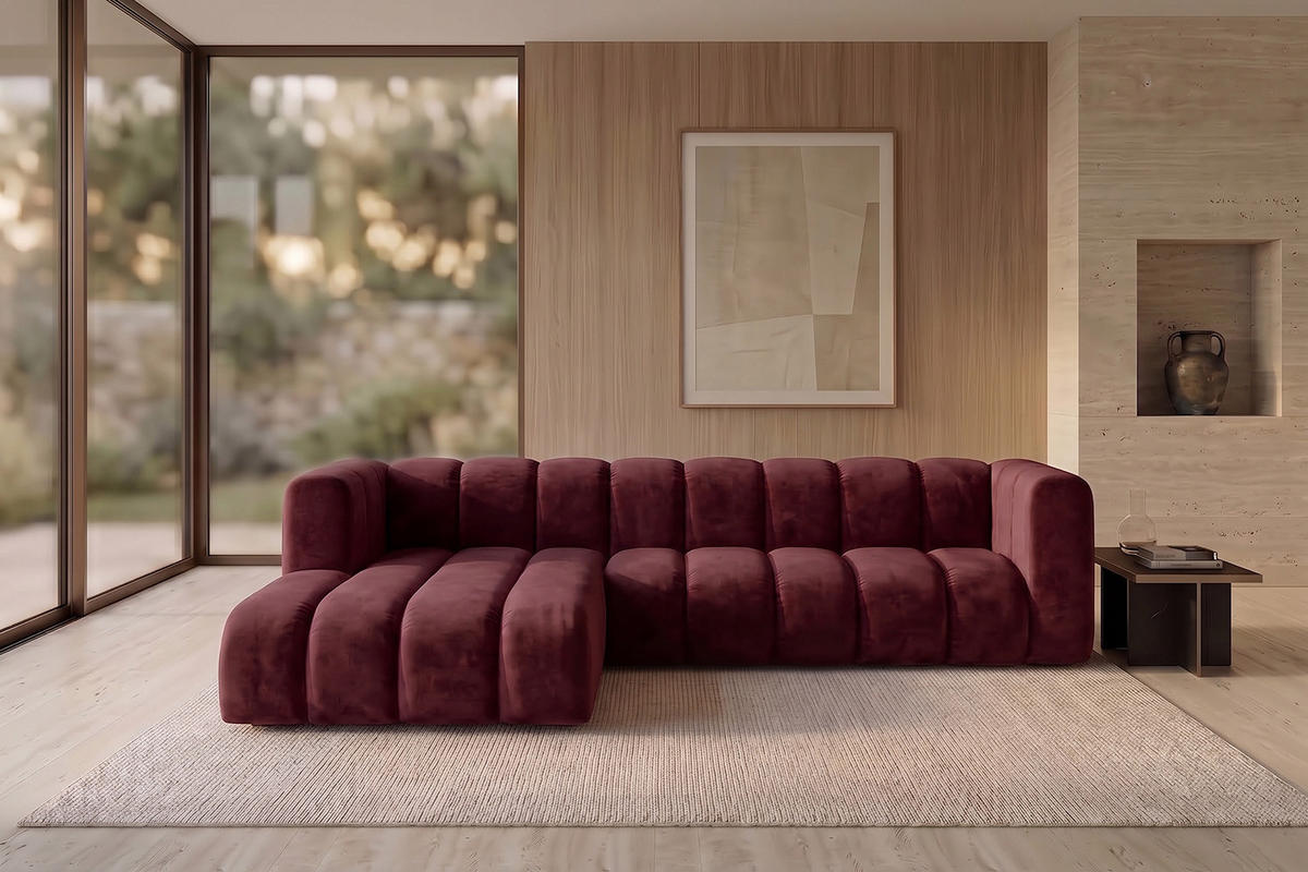 ECKSOFA Modulares In L-Form, Velvet-Stoff Riviera, Rotwein, Links, GRAND 287 cm - Dunkelrot, Holz (287/179cm) - Kaiser Möbel