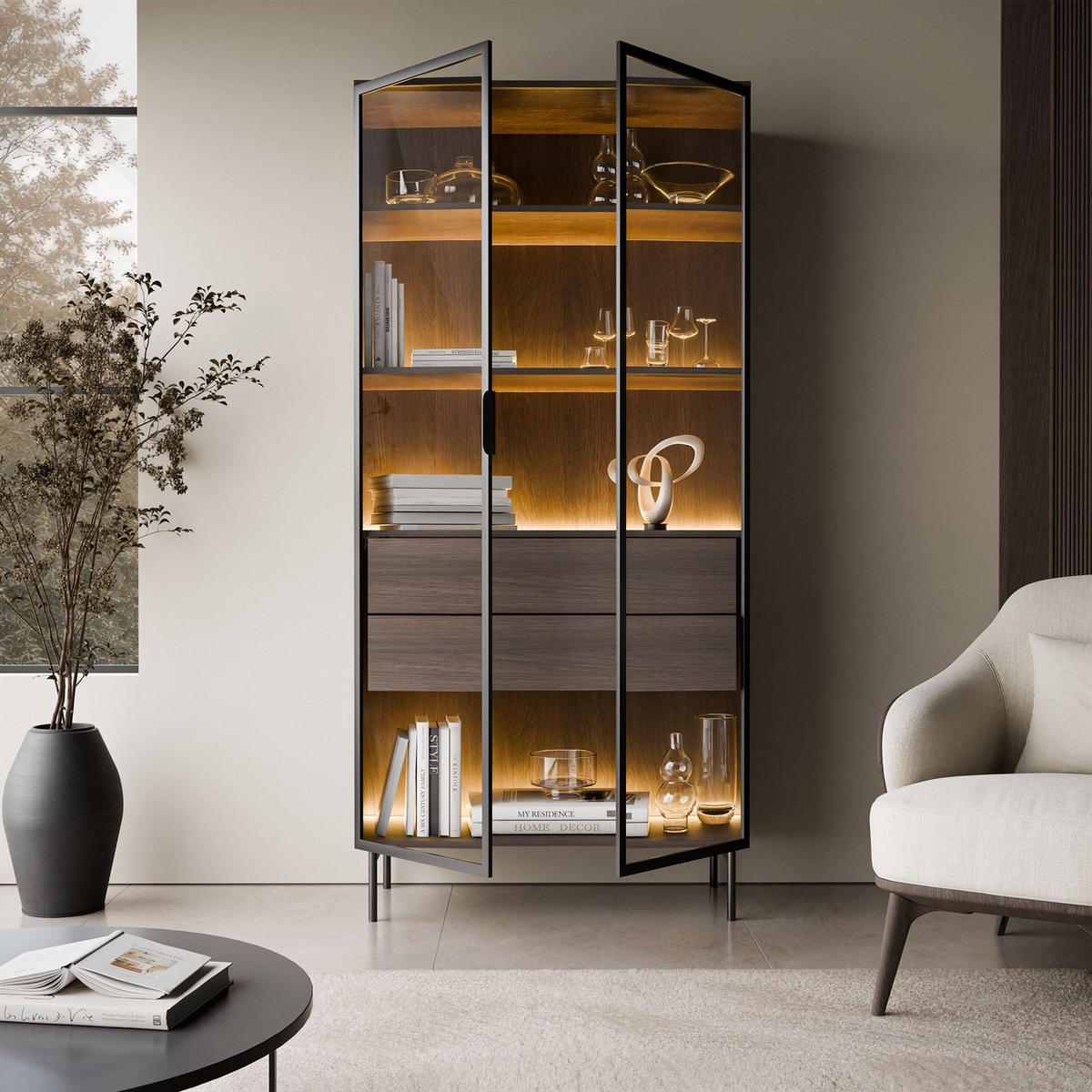 VITRINE LINEA LOFT mit LED-Beleuchtung Eiche + Schwarz - Eichefarben/Schwarz, Holzwerkstoff (82/195/39cm) - Lookway
