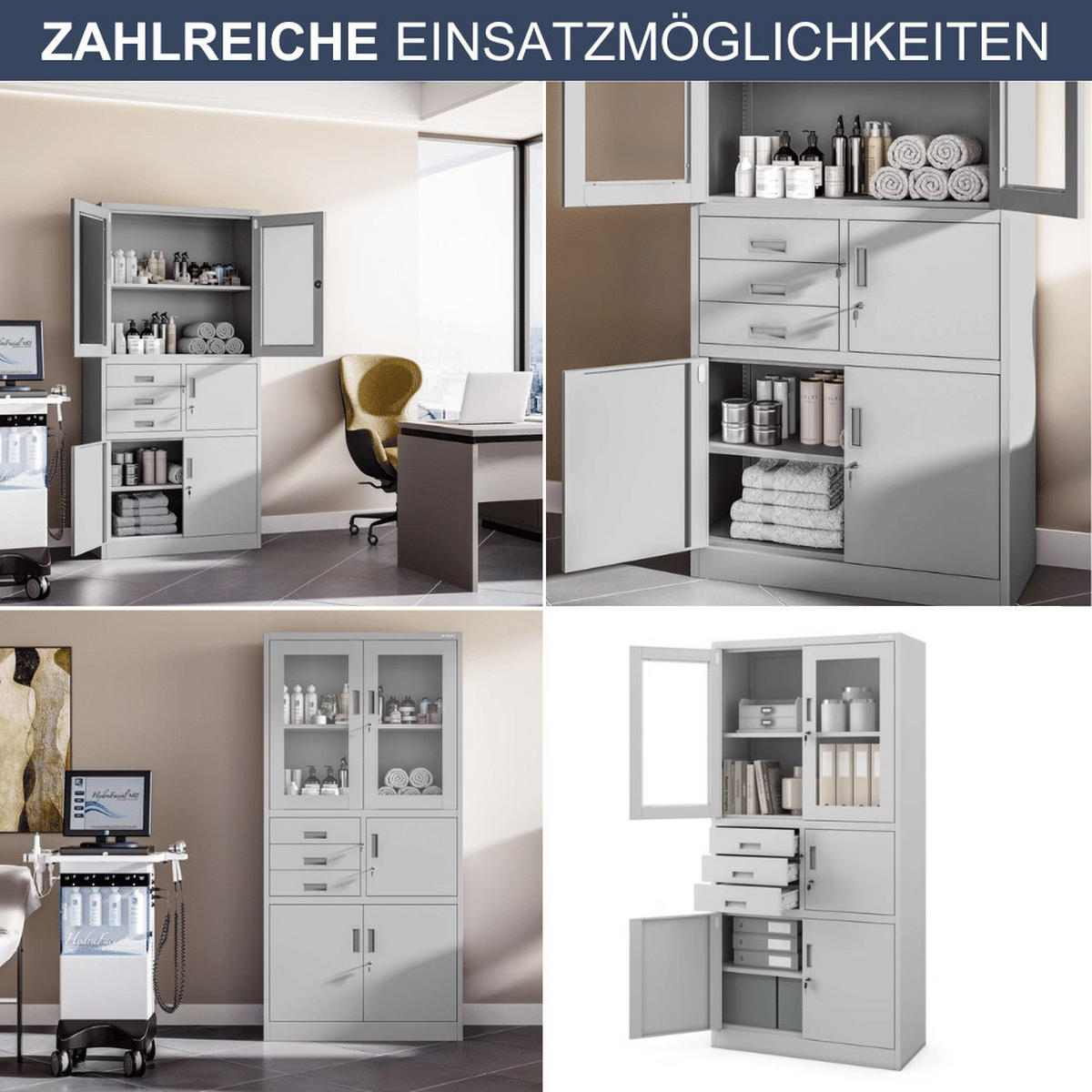 VITRINENSCHRANK abschließbar GEDO mit Tresor 185x90x40cm Grau - Grau, Metall (90/185/40cm) - DELUKE