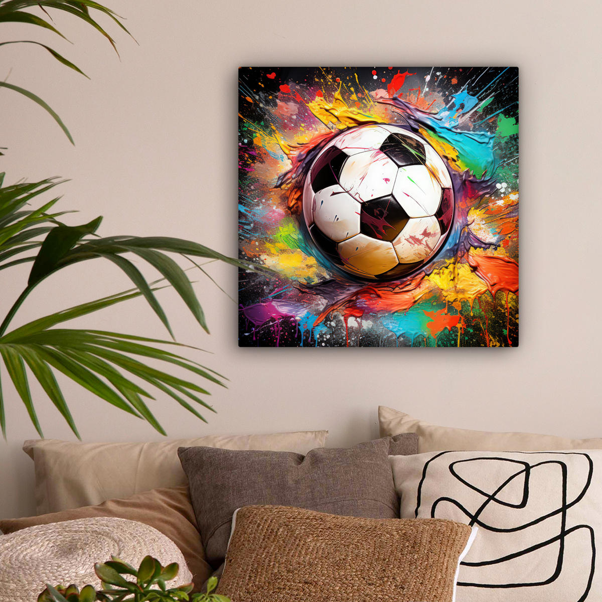 LEINWANDBILD Fußball - Farbe - Farben - Schwarz - Weiß Wandbild Wohnzimmer 50x50 cm - Weiß, Textil (50/50cm) - MuchoWow