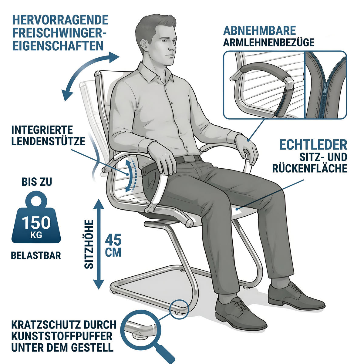BESUCHERSTUHL Montreal Echtleder Dunkelblau – ergonomisch, 150 kg belastbar - Dunkelblau, Leder/Metall (60/95/60cm) - Versee