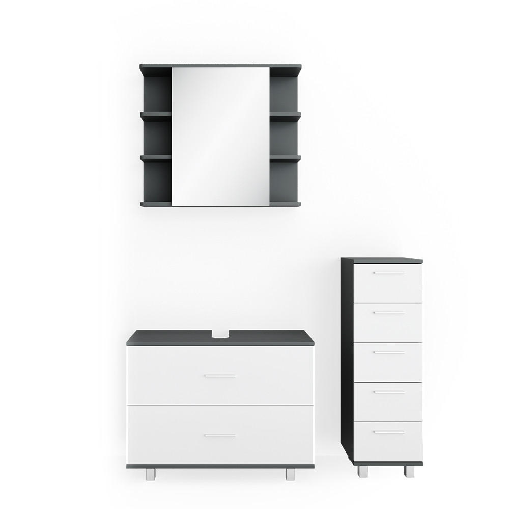 BADMÖBEL-SET Ilias Weiß/Anthrazit 3 Teile, mit Unterschrank 80 cm - Anthrazit/Weiß, Holzwerkstoff (80/60/33cm) - Vicco