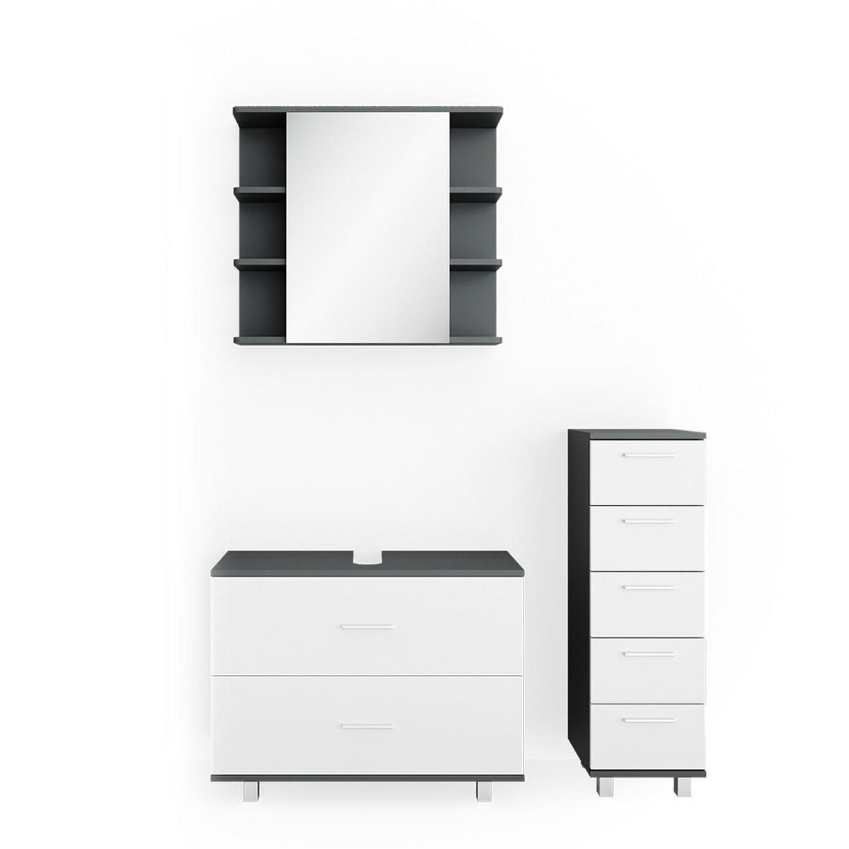 BADMÖBEL-SET Ilias Weiß/Anthrazit 3 Teile, mit Unterschrank 80 cm - Anthrazit/Weiß, Holzwerkstoff (80/60/33cm) - Vicco