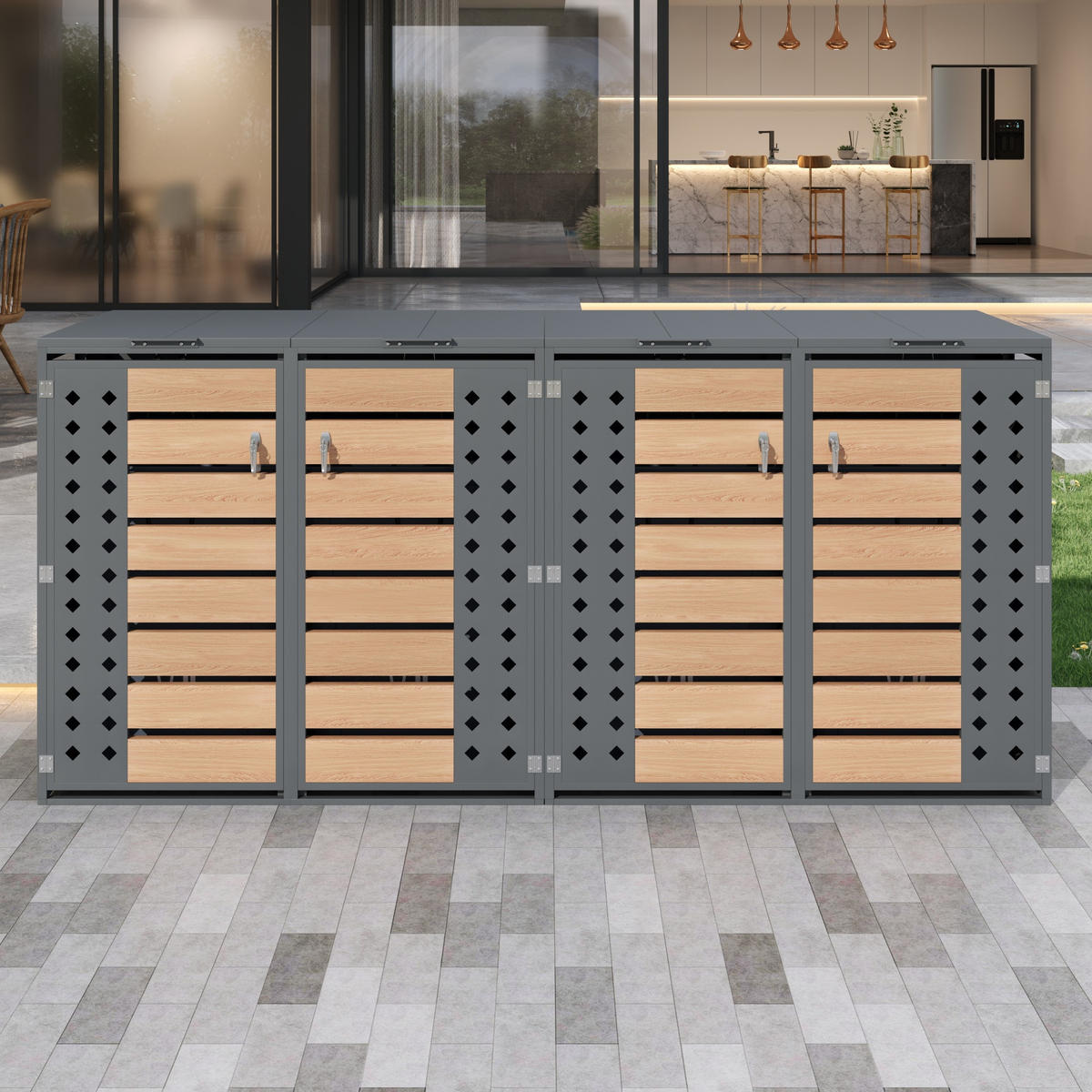 MÜLLTONNENBOX aus Stahl in Grau/Holzoptik mit hydraulischem Klappdeckel 264x80x118,5 cm - Grau, Metall (264/118.5/80cm) - Modfu