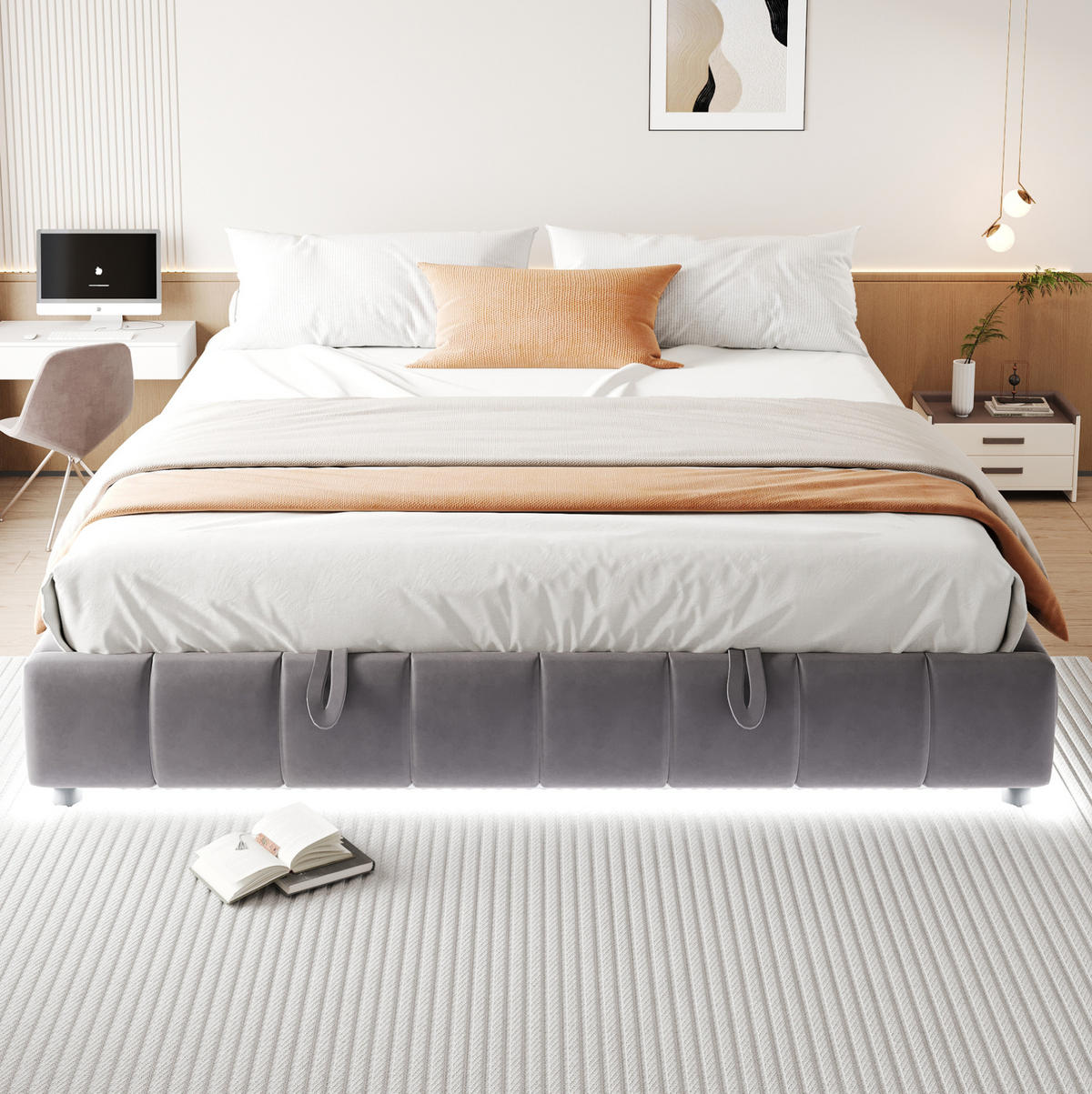 POLSTERBETT 180/200 cm mit Bettkasten und LED-Beleuchtung in Grau - Grau, Textil (180/200cm) - BEAOK