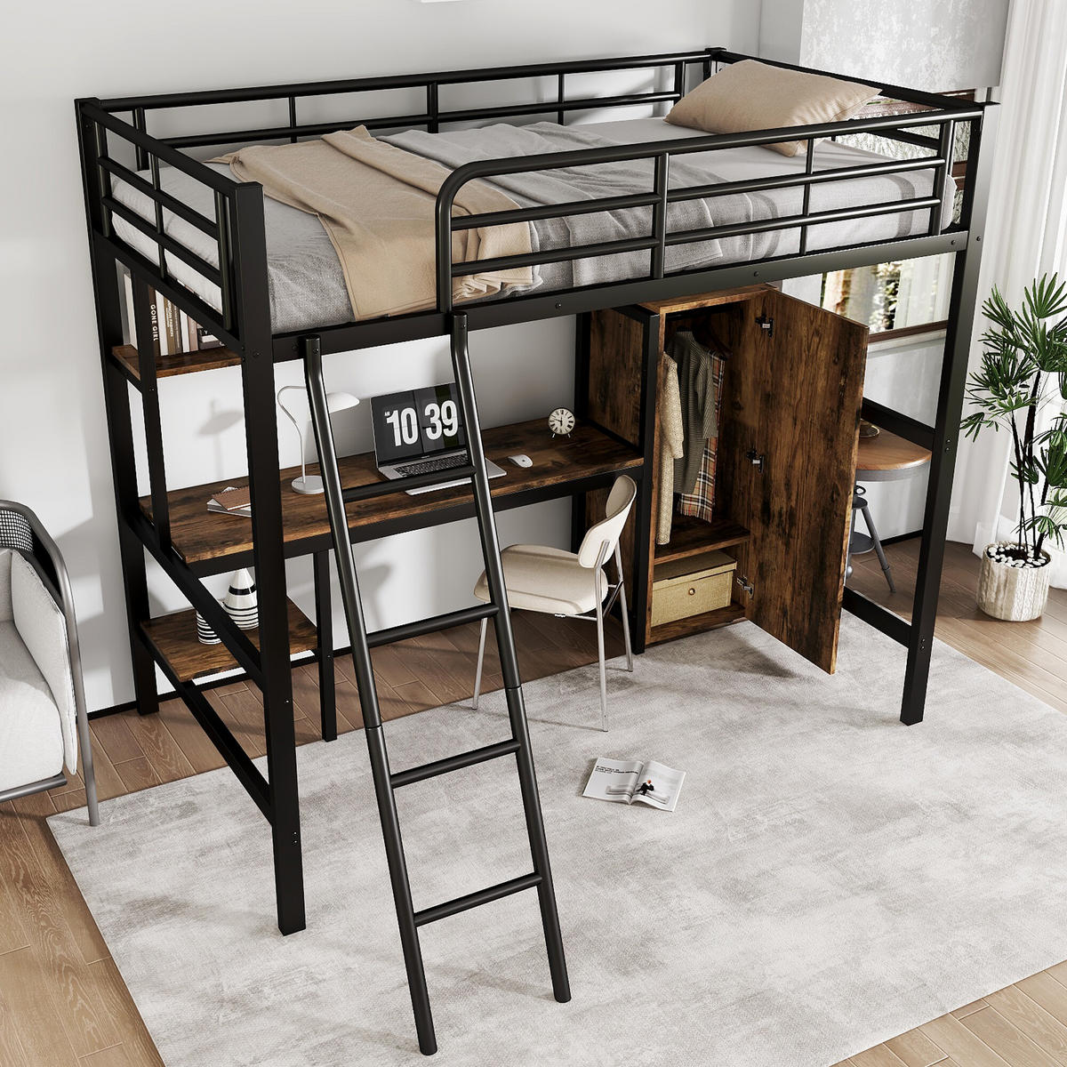 HOCHBETT Mit Bücherregalen, Schreibtisch und Kleiderschrank Schwarz - Schwarz, Holzwerkstoff/Metall - Urban Meuble