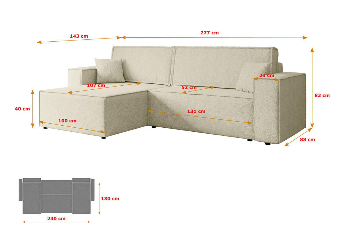 ECKSOFA mit Schlaffunktion und Bettkasten CELTIC-XL - 277x143x83 cm Beige Bouclé - Beige/Schwarz, Holzwerkstoff/Kunststoff (277/143cm) - ALTDECOR