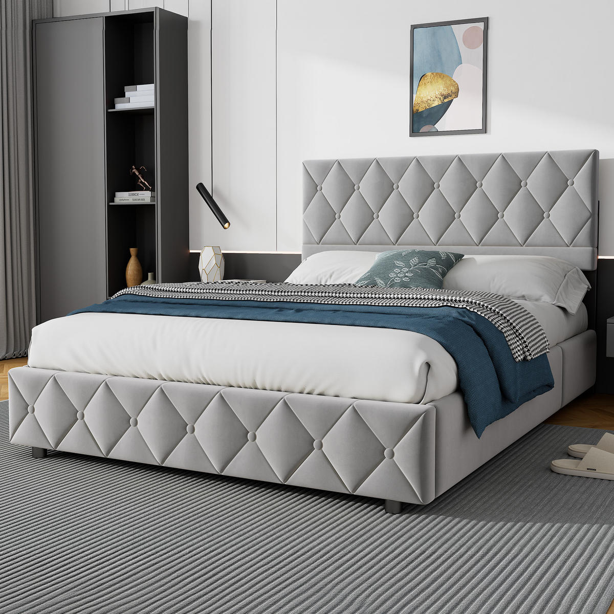 POLSTERBETT 140/200 cm in Grau Samt mit Bettkasten, hydraulischem Doppelhub-System und Lattenrost - Grau, Holzwerkstoff/Textil (140/200cm) - CHICFURN