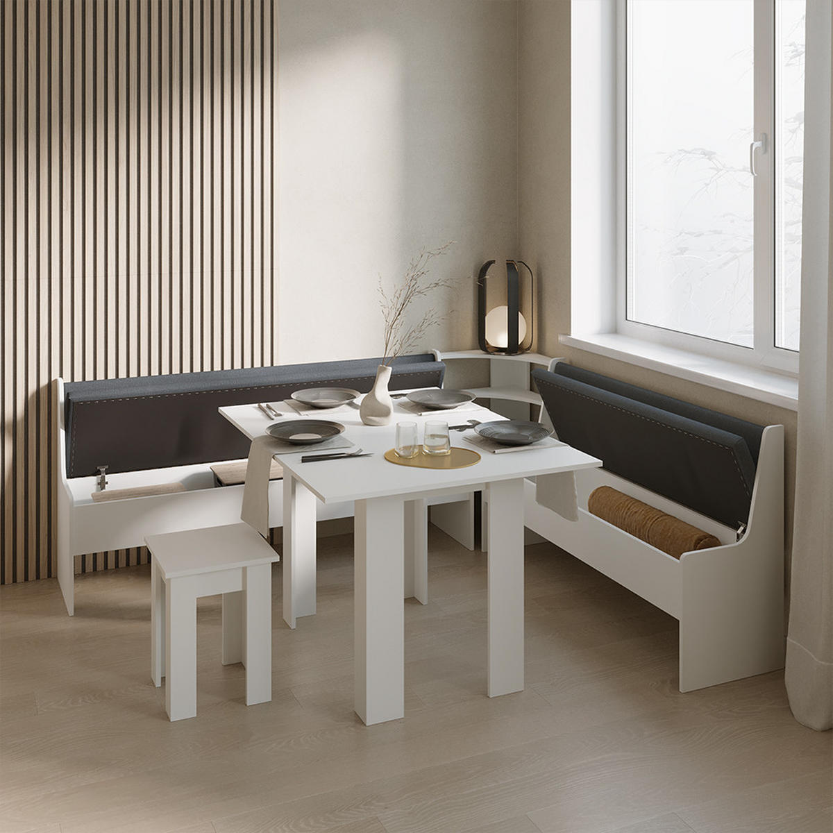 ECKBANKGRUPPE Tiberio Weiß 210 x 180 cm mit Tisch - Weiß, Holzwerkstoff (210/80/180cm) - Livinity®