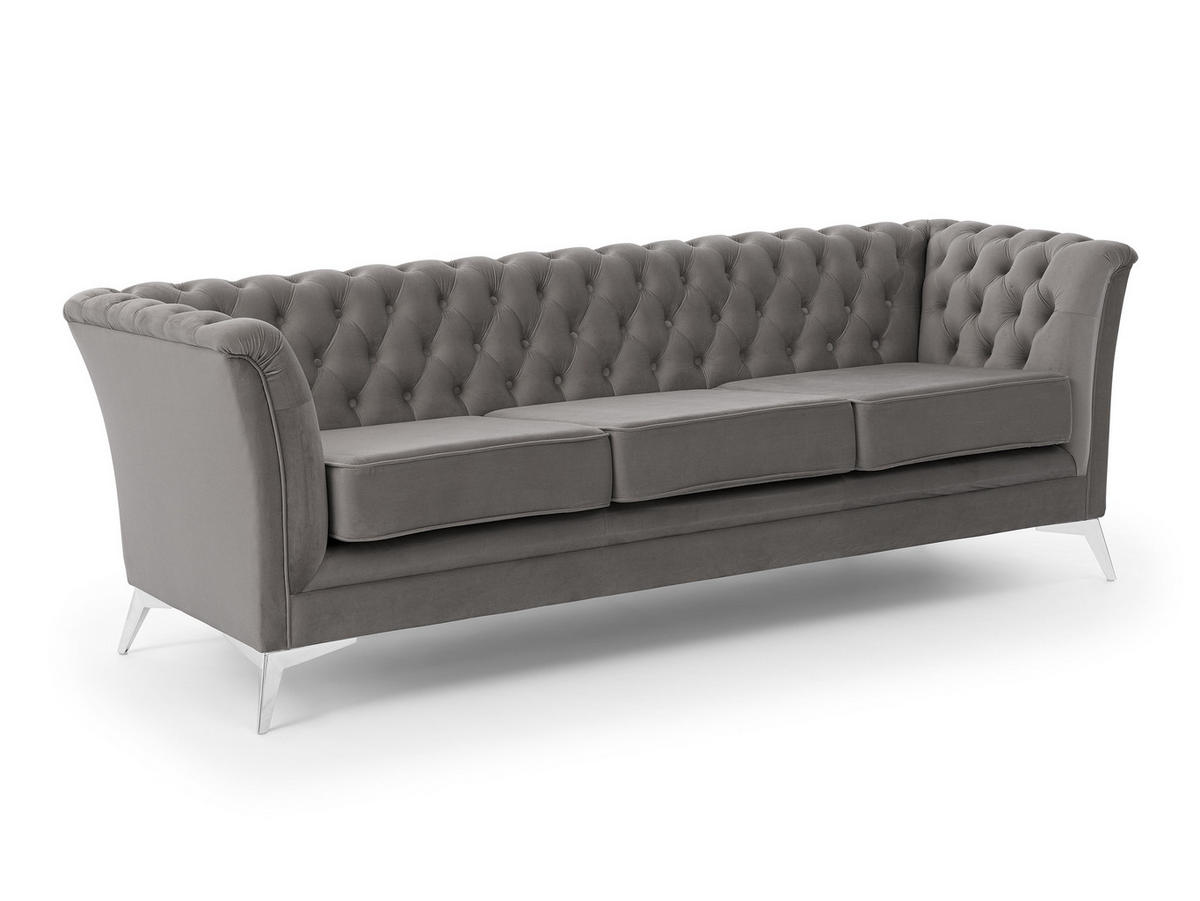 CHESTERFIELD-SOFA 3-sitzer Whitby Marineblau Samt mit silbernen Füßen - Silberfarben/Grau, Holz/Textil (237/78/82cm) - S-Style Möbel