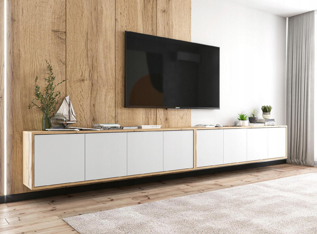 TV-LOWBOARD 2-er Set Apollo2 Eiche wotan Weiß Matt 150 cm - Weiß, Holzwerkstoff (300/39/35cm) - Meble Lindner