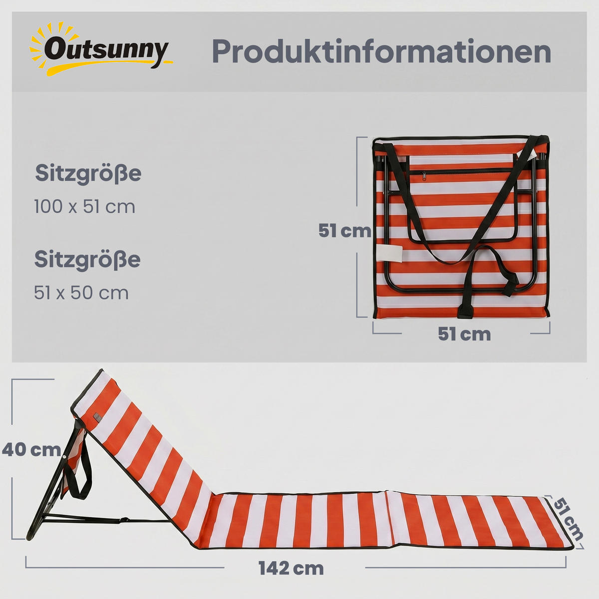 FALTBARE STRANDLIEGE, 142 x 51 x 40 cm, Stahl, Oxford, Rot - Rot, Kunststoff (51/40/142cm) - Outsunny