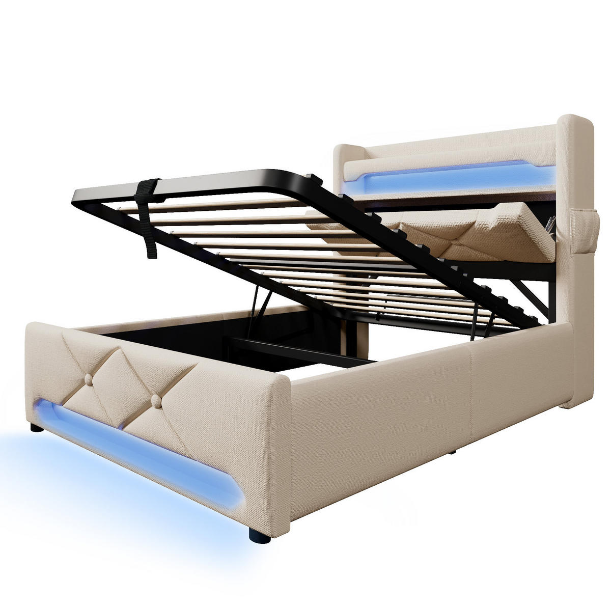 POLSTERBETT mit LED-Beleuchtung 90/200 cm mit Bettkasten und USB-C, Beige - Beige, Textil (90/200cm) - BEAOK