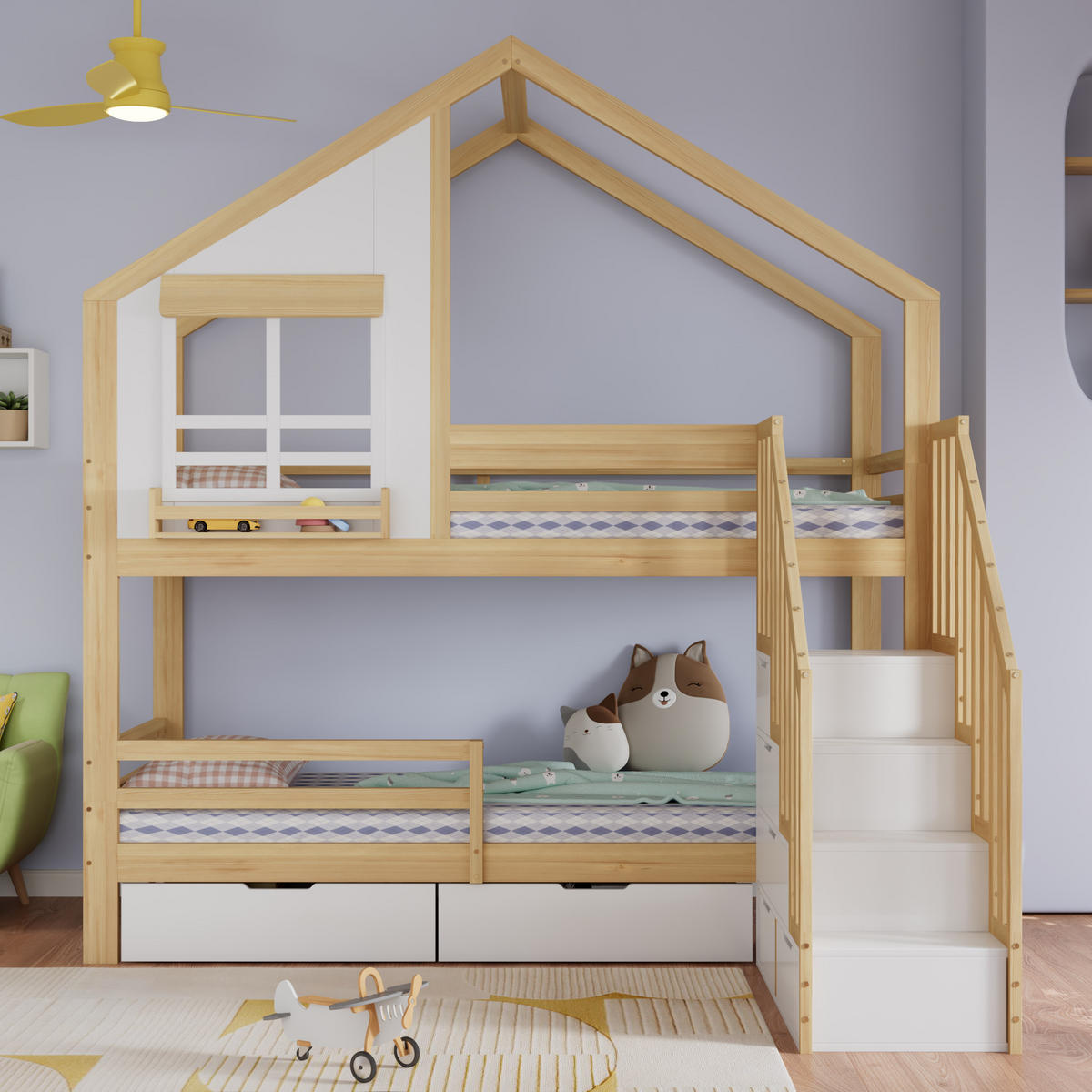 ETAGENBETT 90/200 cm in Weiß & Natur mit Stauraumtreppe und Schubladen - Naturfarben/Weiß, Holz/Holzwerkstoff (90/200cm) - WISHDOR