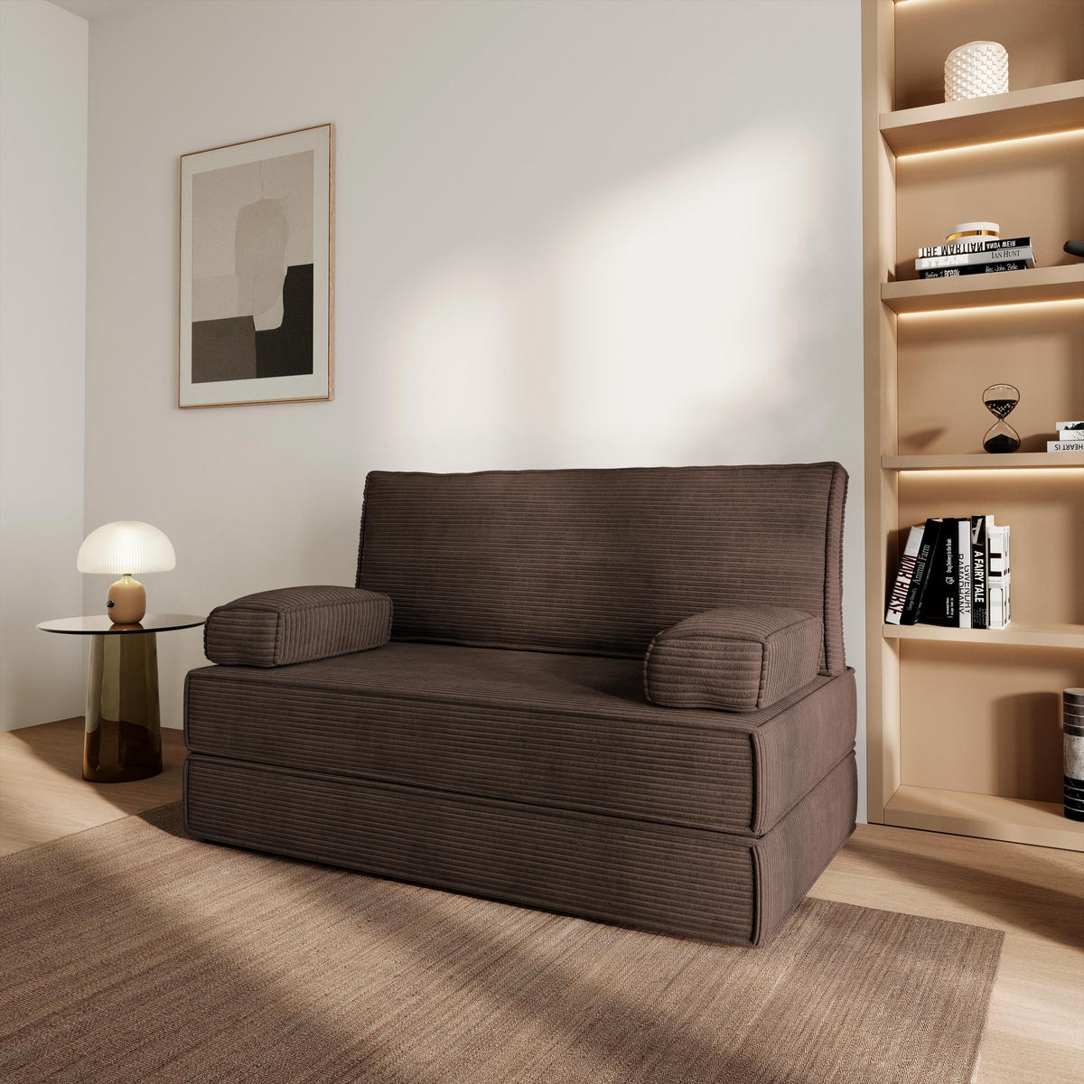 POHOVKA z pěny LADIA s funkcí spaní Manšestrová látka Hnědá - hnědá, textil (140/86/60cm) - MASSENO
