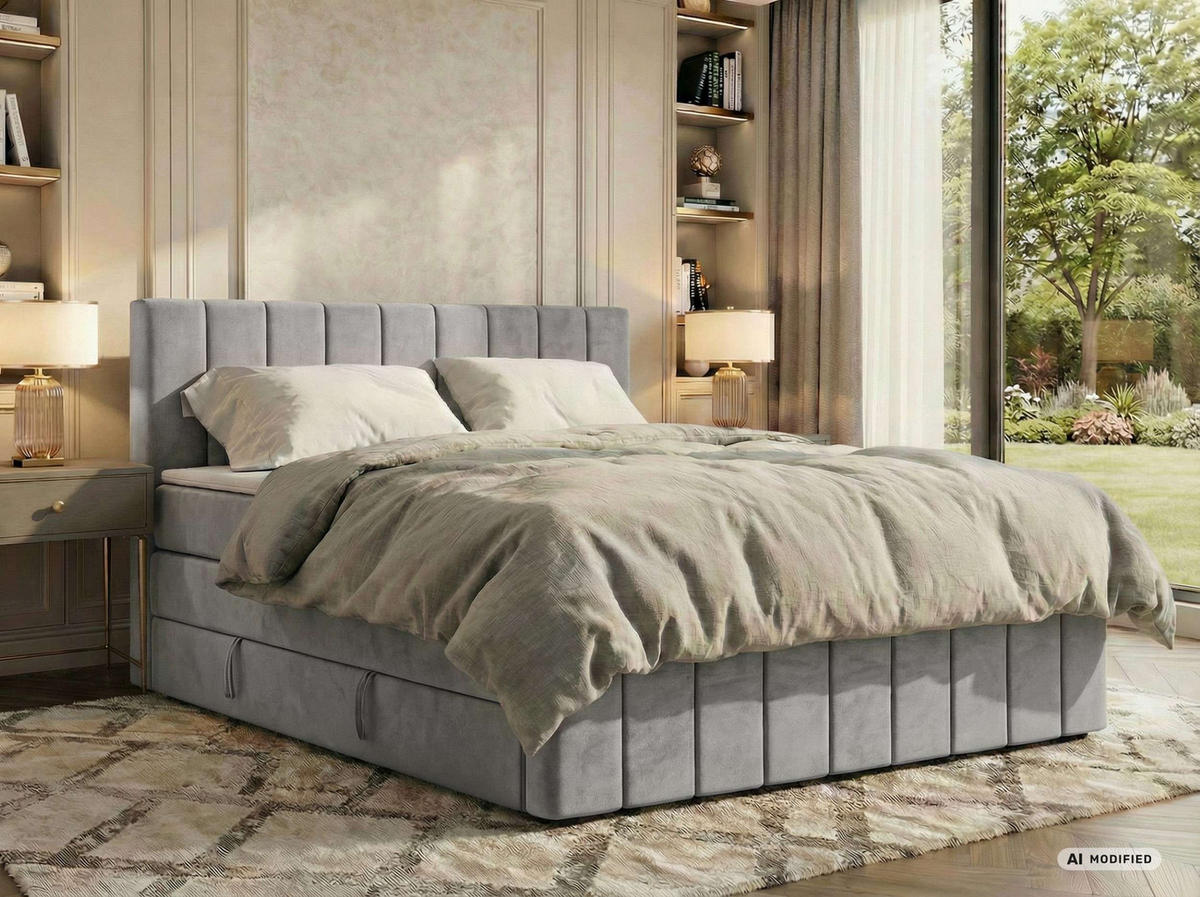 BOXSPRINGBETT ALVER KING DUO 200/200 - Hellgrau Velvet - Topper T25 - H4 - Hellgrau/Schwarz, Kunststoff/Textil (200/200cm) - MKS