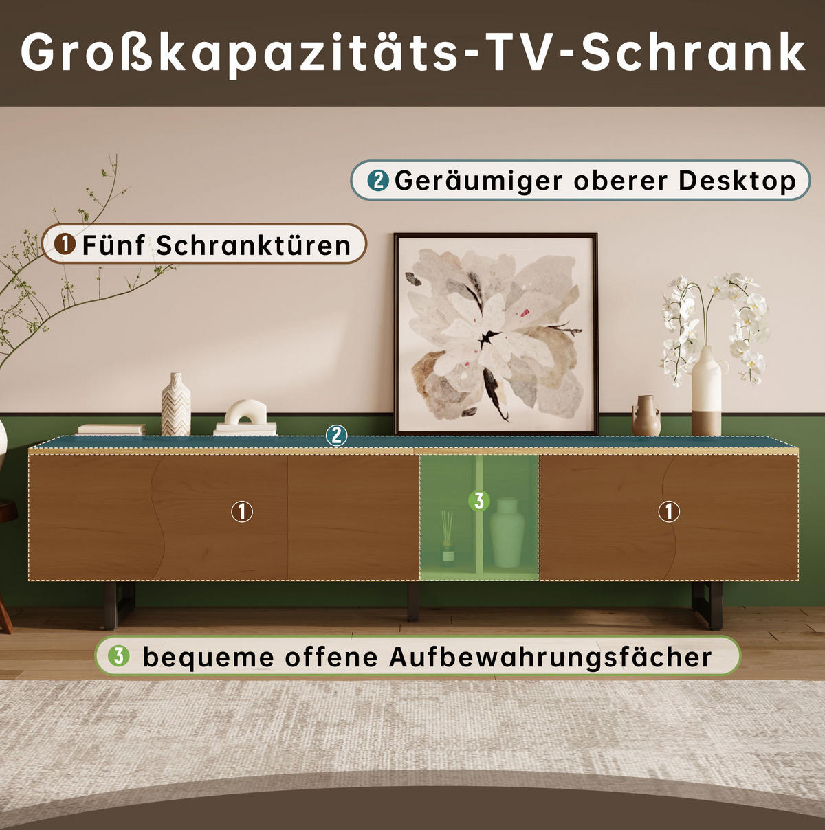 LOWBOARD 191/38/46,5 cm in Natur mit 5 Fächern und Eisenrahmen - Hellbraun, Holzwerkstoff (191/46.5/38cm) - Flora Grace