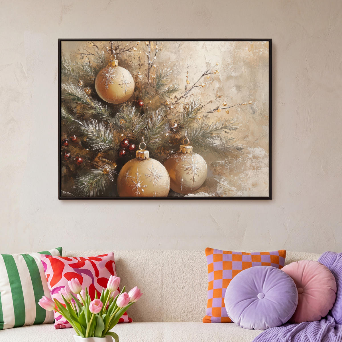 LEINWAND Bilder mit Rahmen - Weihnachten - Kugeln - Beige - Gold - 100x70 - Goldfarben, Textil (100/70cm) - MuchoWow