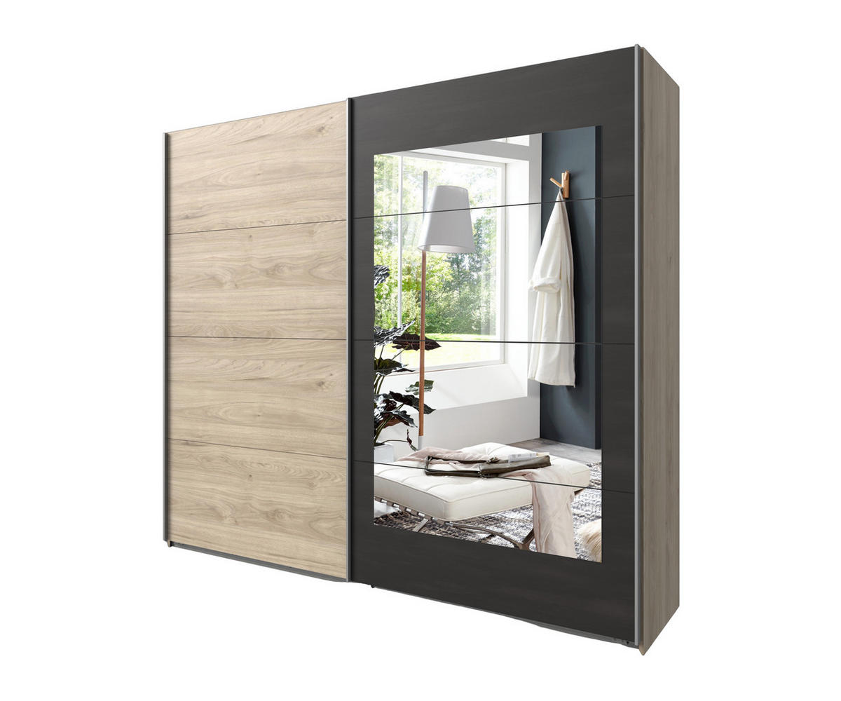 SCHWEBETÜRENSCHRANK 2-türig B225/H208/T65 cm in Eichen-Dekor mit Absetzungen in grauer Stahl-Optik / 22002 - Eichefarben/Alufarben, Holzwerkstoff/Metall (225/208/65cm) - luma-home