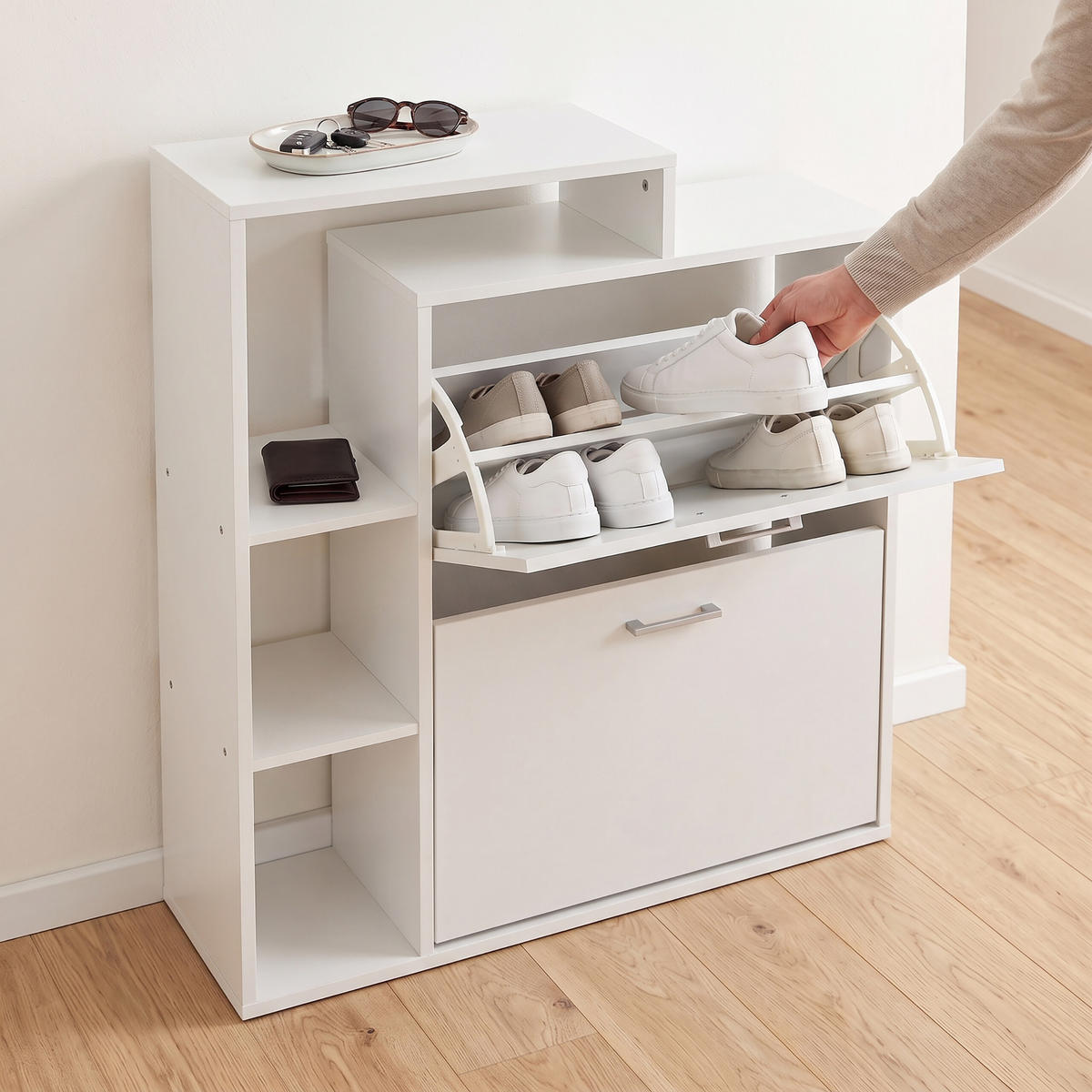 SCHUHSCHRANK Weiß industriell 2 Klappen - Weiß, Holzwerkstoff/Kunststoff (80/90/23.5cm) - Relaxdays