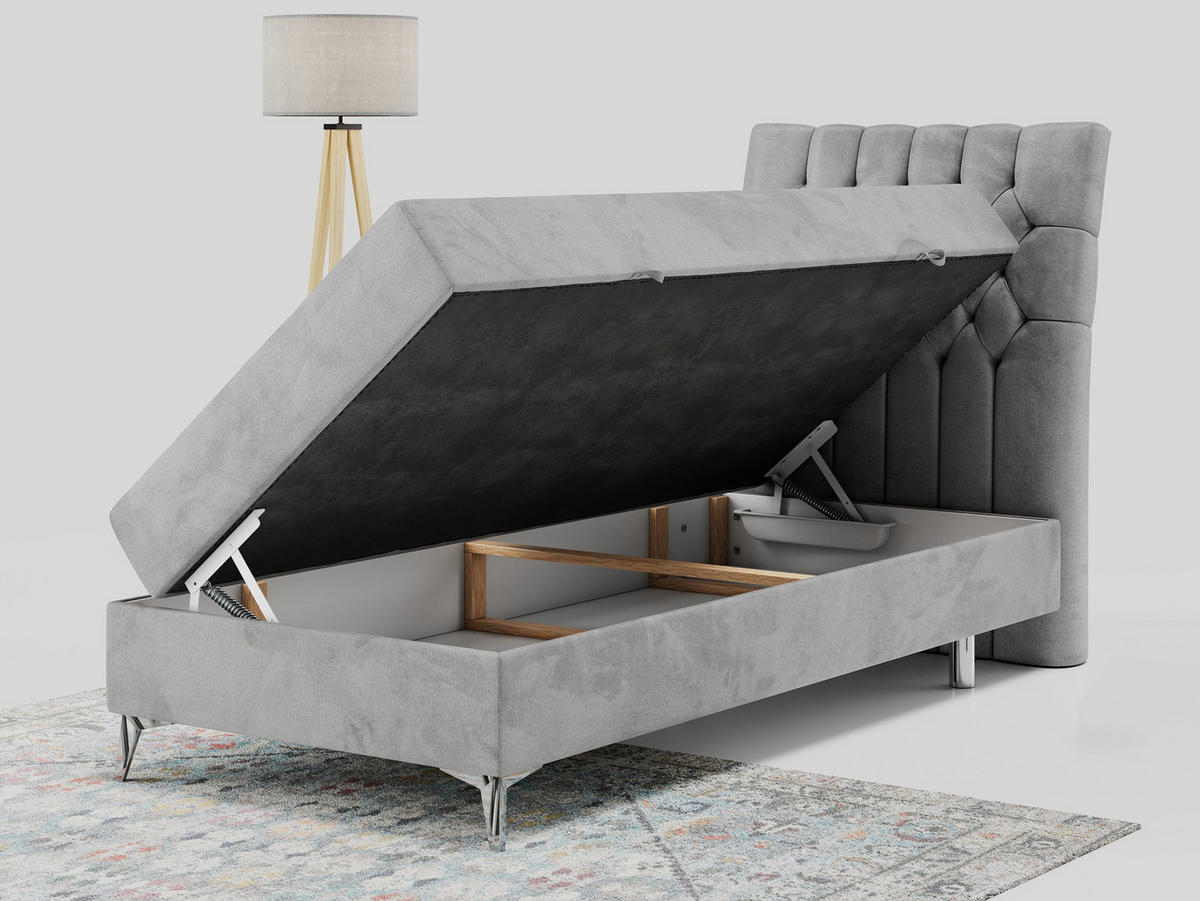 BOXBETT MILEN 90/200 Hellgrau Velvet - H3 - Rechts Seite - Hellgrau, Holz/Textil (90/200cm) - MKS