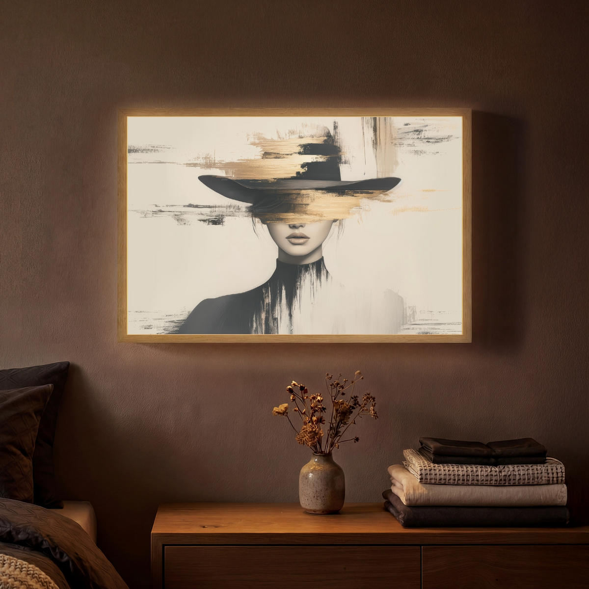 NÁSTĚNNÁ LAMPA S AKUMULÁTOREM Žena - klobouk - barva 60x40 cm - krémová, kompozitní dřevo (60/40/8cm) - OnlyWow