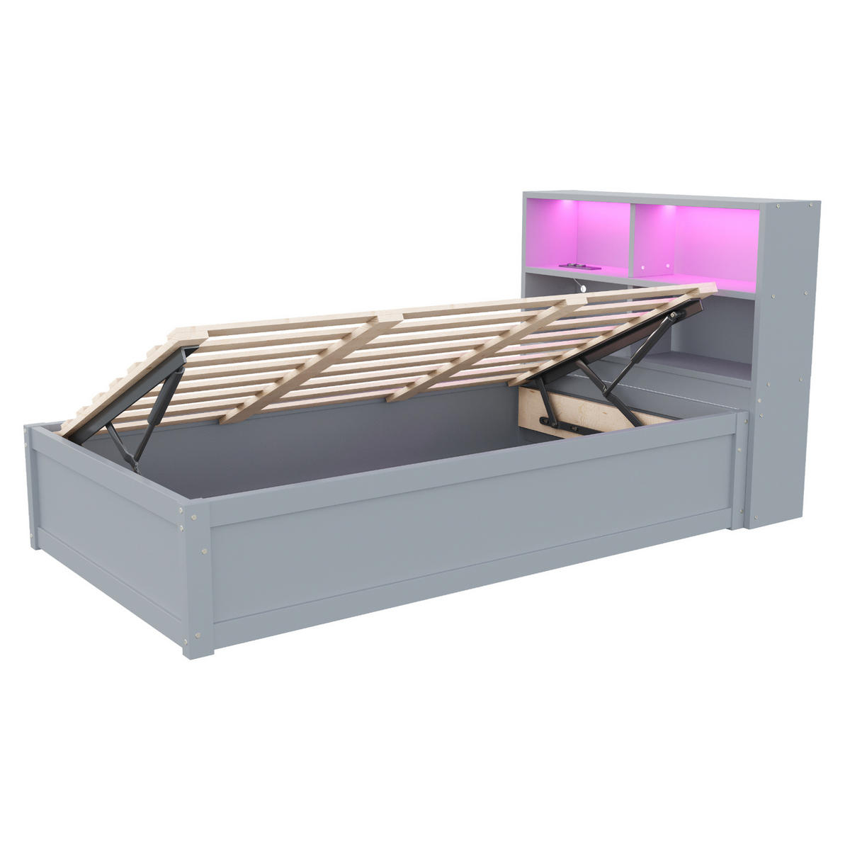 SCHLAFSOFA 90/200 cm aus Massivholz mit LED-Beleuchtung, Steckdose und 4 Ablagefächern, Grau - Grau, Holz (220.5/82/98cm) - Redom
