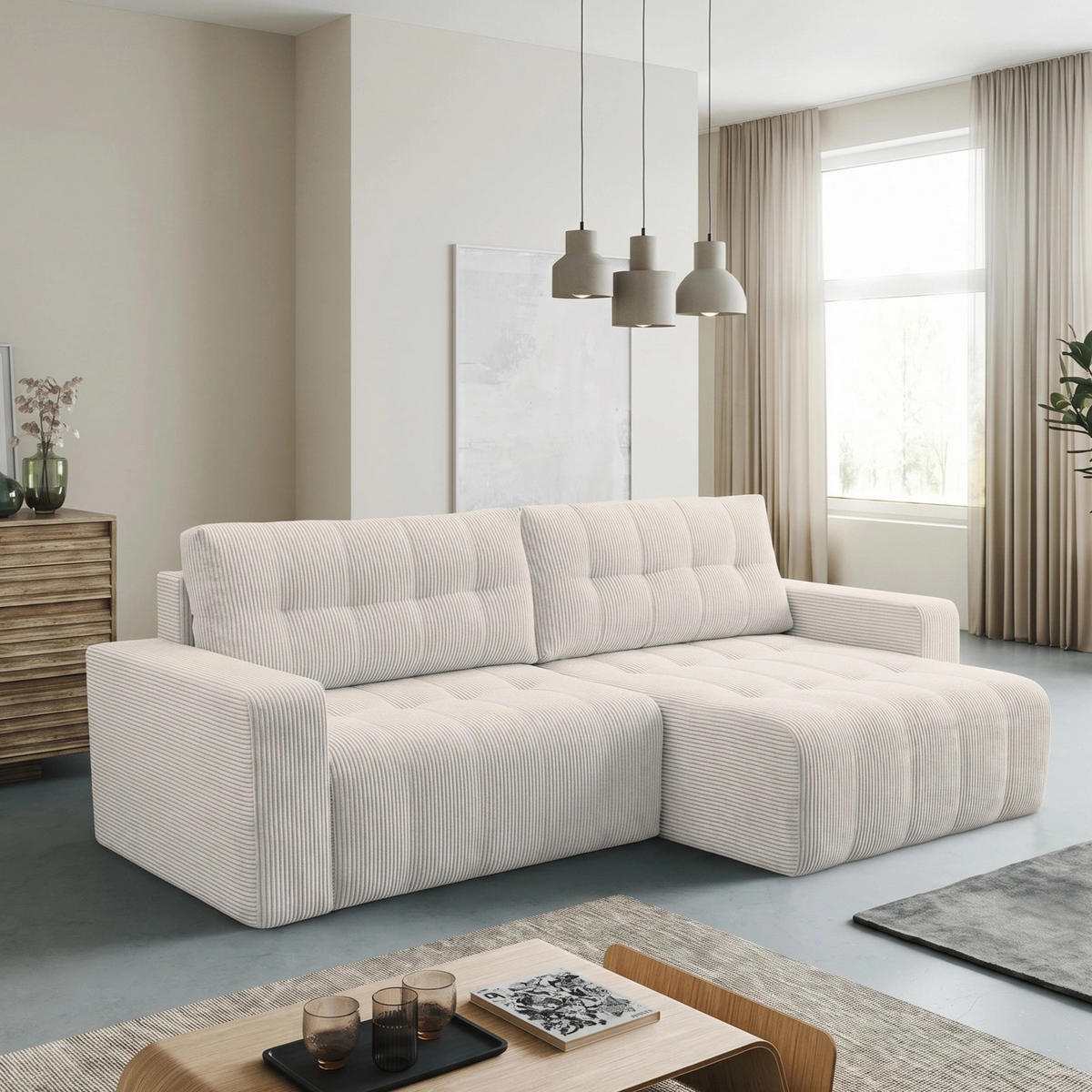 ECKSOFA Palermo mit Schlaffunktion und Bettkasten - Dunkelgelb/Creme, Holz/Holzwerkstoff (245/143cm) - Ravio