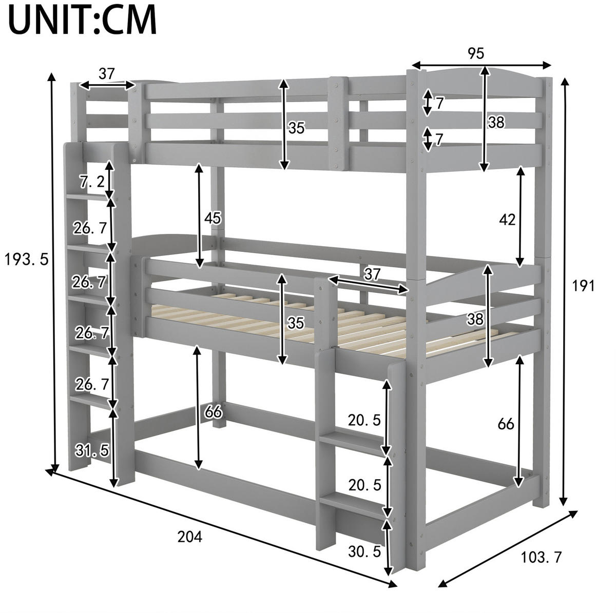 ETAGENBETT für 3 Personen 90x200 cm Kiefernholz Grau - Grau, Holzwerkstoff (90/200cm) - Beauniv