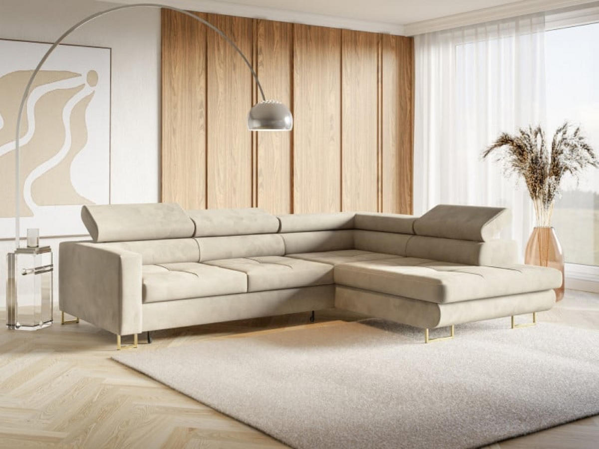 ECKSOFA Gold MERY Mit Verstellbaren Kopfstützen Rechts Ausziehbar - Ecru/Goldfarben, Textil (200/250cm) - Sepro Meble