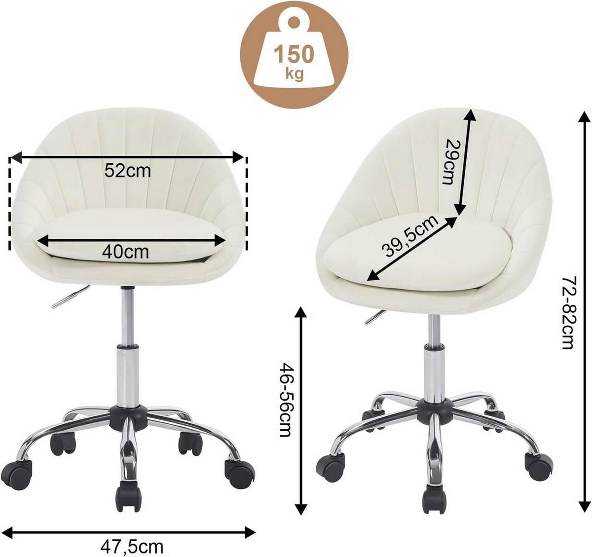 DREHSTUHL ergonomisch, Schminkstuhl, Samt, Cremeweiß - Creme/Schwarz, Textil/Metall (52/72/48cm) - Woltu